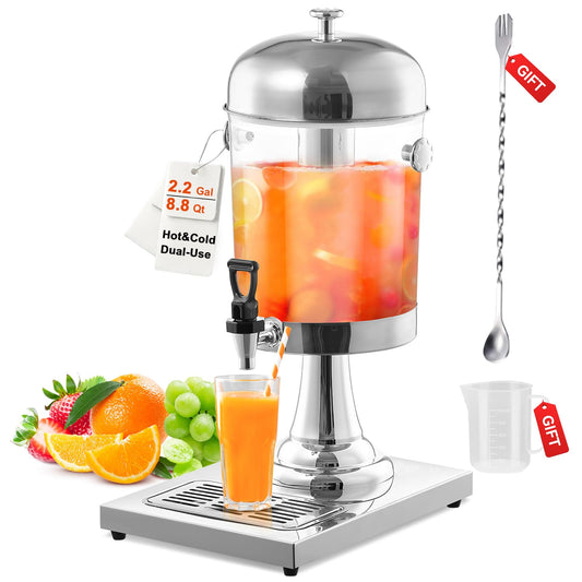 2 Gallon Beverage Dispenser with Stand, Easy-to-Clean Drip Tray Design, Juice Dispenser with Ice Core, Hot & Cold Versatile Stainless Steel Drink Dispensers for Parties Home Lemonade, Clear