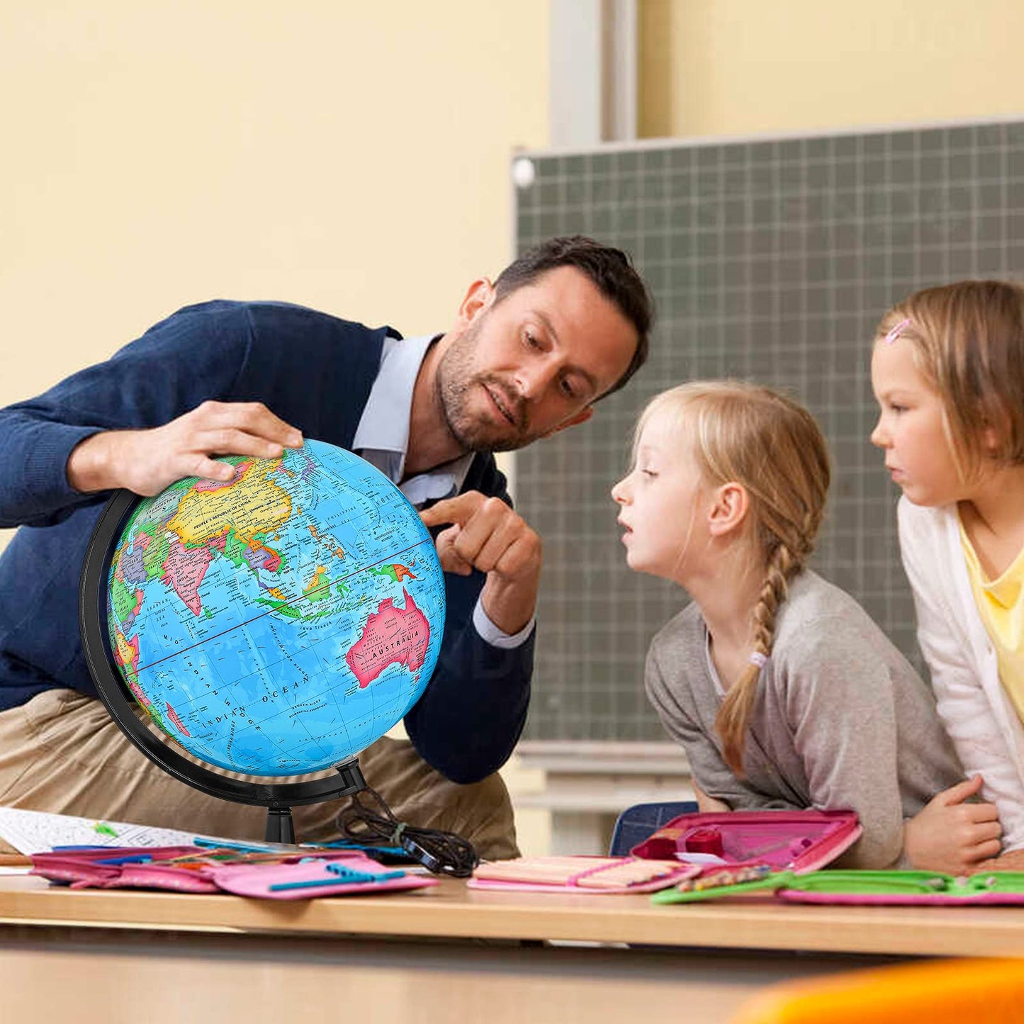 GOCHANGE Globes for Kids, 13" Political Globe for Classroom Teaching with HD Waterproof Surface & Writable Surface, Full Length 19.7 inch 360° Spinning Globe for Education & Desk