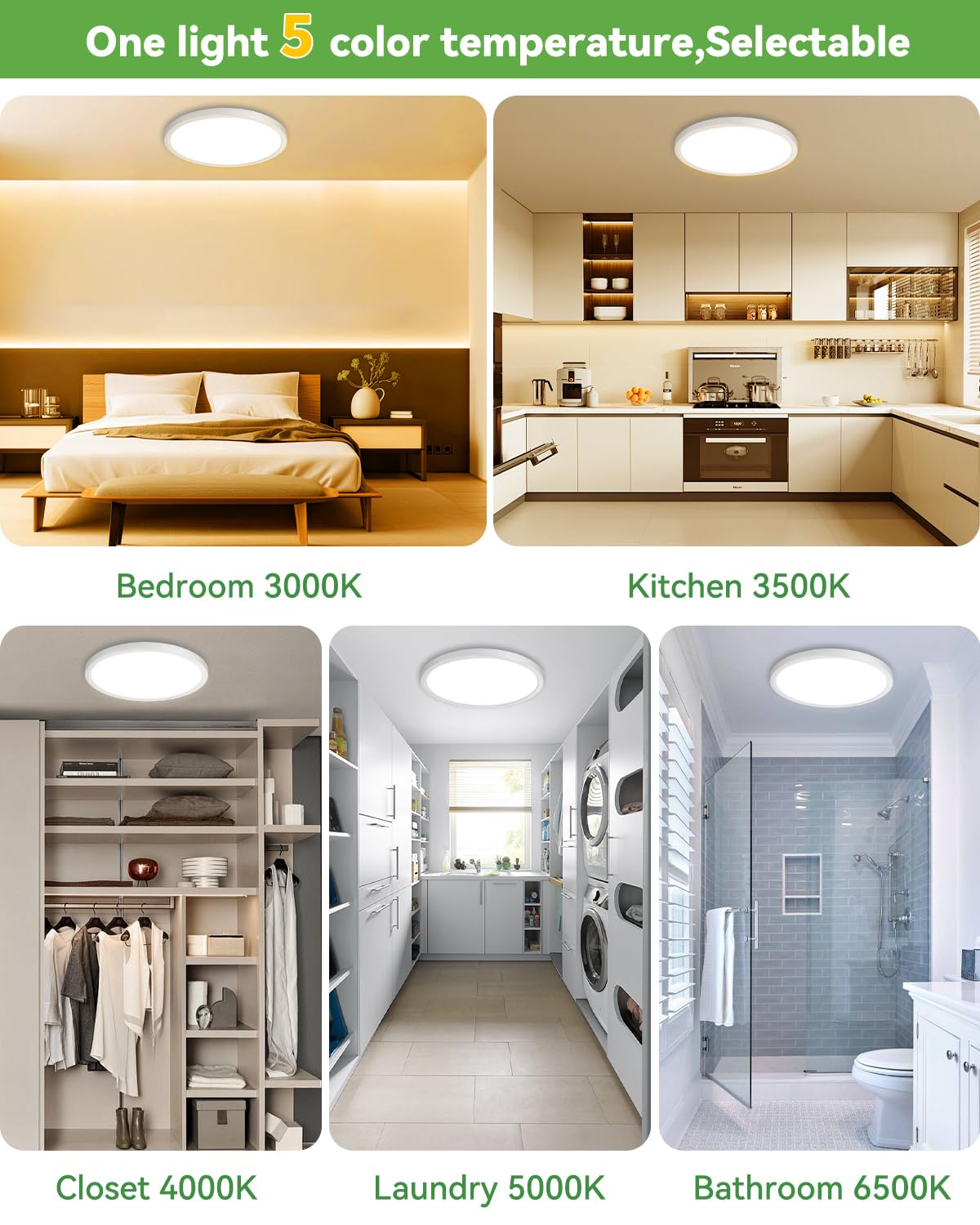 zemty 6-Pack 12-Inch LED Flush Mount Ceiling Lights, 24W 3200Lumens 5 CCT Adjustable (3000K-6500K), Round Flat Light Fixture for Bedroom Kitchen Bathroom Hallway (White)