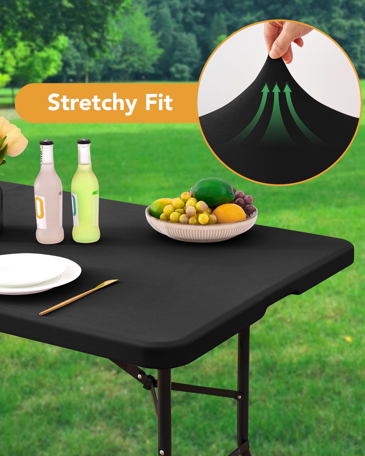 KeyWave Fitted Tablecloth Rectangle Table Cloths - 8 Pack 6 Foot Elastic Stretch Folding Table Top Cover Water-Resistant Reusable for Outdoor Picnic Camping Party Event, Black, 72" L x 30" W