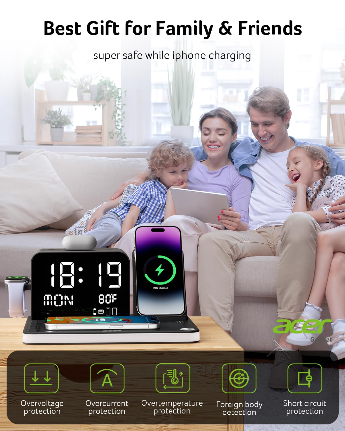 acer 7-in-1 Wireless Charging Station: Charger Stand for Multiple Devices for Apple - iPhone 16 15 14 13 12 Pro Max Apple Watch Airpods, Wireless Charger iPhone Charging Station with Bluetooth TimeSyn