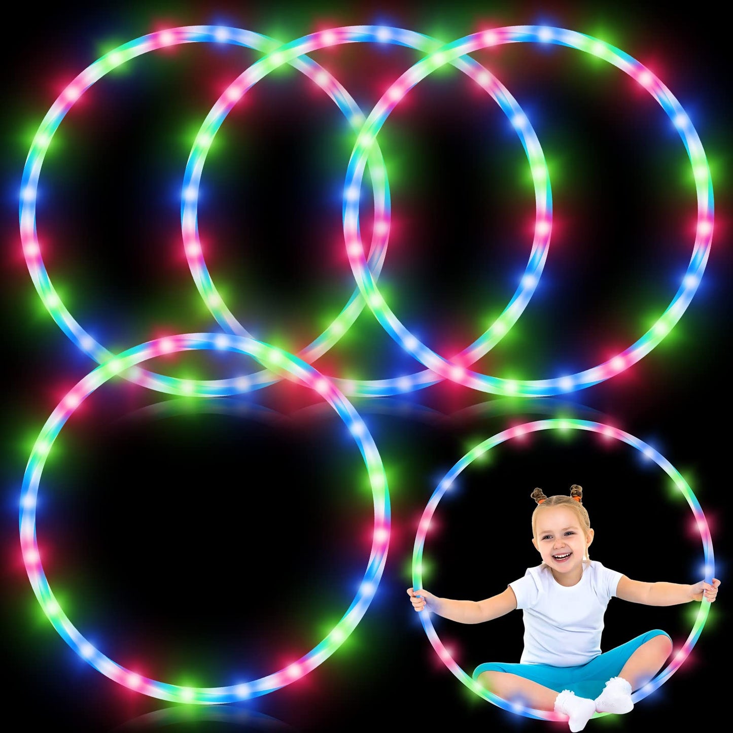 Jerify 4 Pack LED Hoop Light up LED Glowing Lights Fitness Exercise Hoops 10 Color Changing Exercise Glowing Hoop for Dance Dark Fitness(23 Inch)