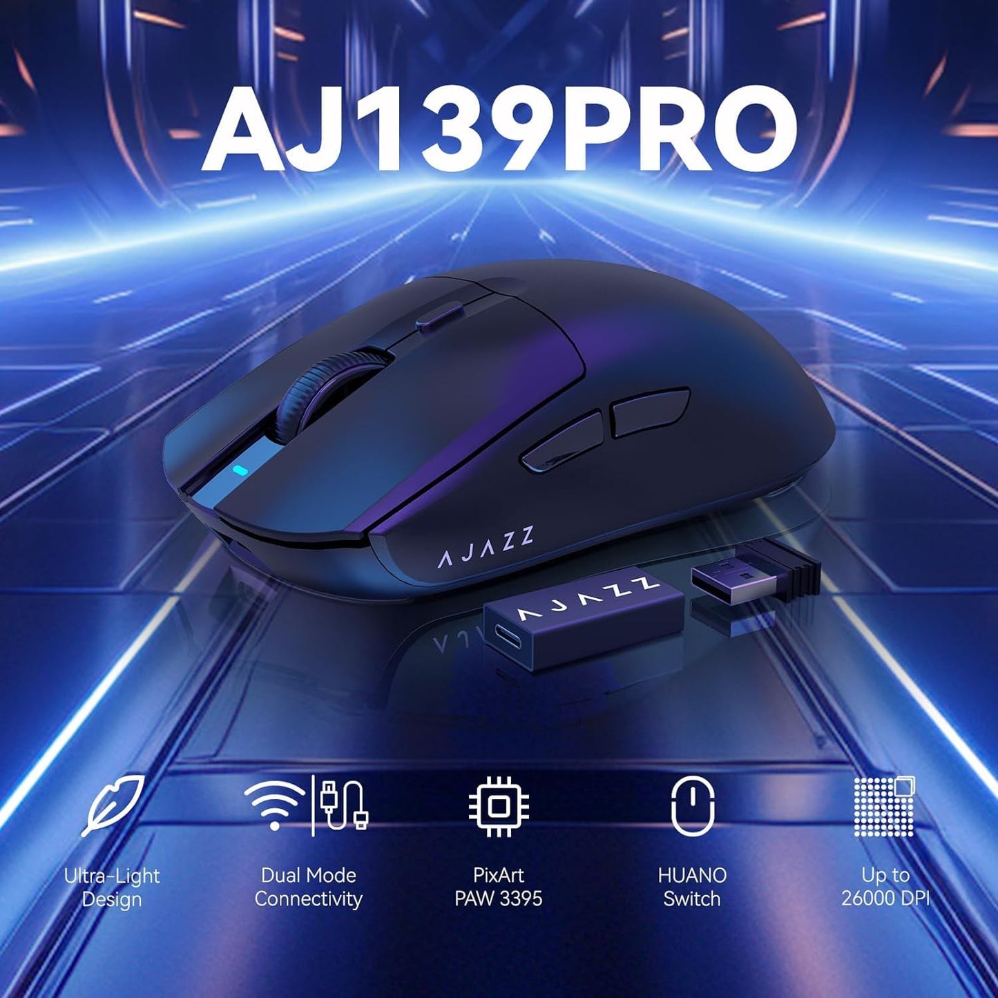 A.JAZZ AJ139 G Pro 4K Wireless Gaming Mouse Ultra-Lightweight with Dual Mode-Type C Wired/2.4Ghz USB Receiver up to 26000DPI 6 Programmable Button Ergonomic Symmetric for PS4 Xbox PC Mac Gamer(Black)