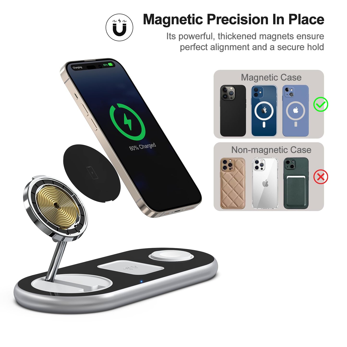 3 in 1 Charging Station for Apple Devices, Faster Mag-Safe Charger Stand, Magnetic Wireless Charger Station for iPhone 16 15 14 13 12 Pro Max Plus, Apple Watch iwacth & AirPods, Adjustable Angle