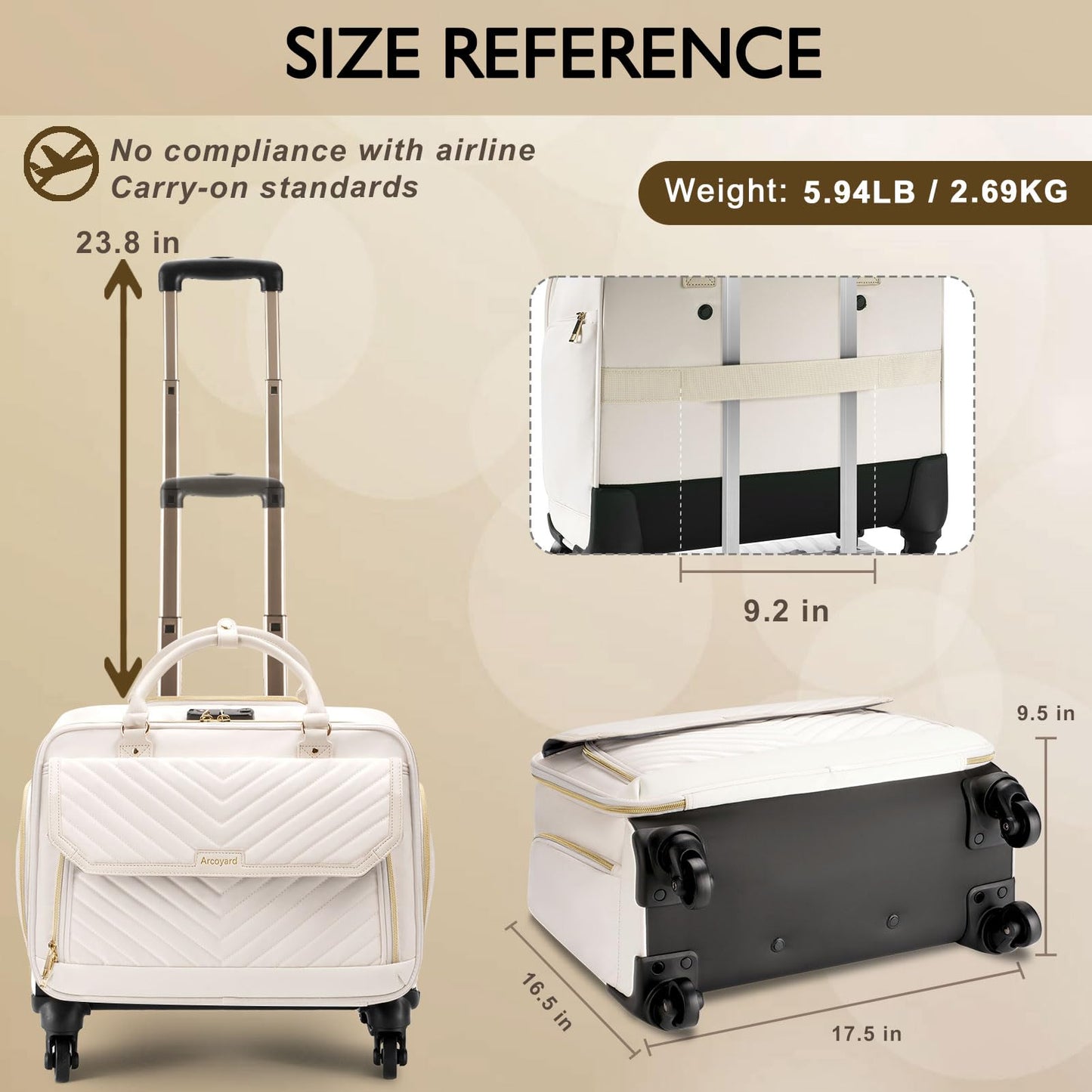 Arcoyard Rolling Briefcase for Women with 4 Spinner Wheels and Telescopic Extendable Handle, Laptop Bag with Wheels, Roller Computer Bag for Work Travel Carry On Luggage, TSA Friendly Design, Beige