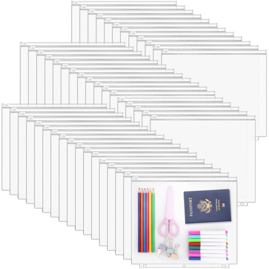 Antner 48 Pack Letter Size Binder Pockets for 3-Ring Binder Zipper Pouch Waterproof PVC Document Organizer 3-Hole Loose Leaf Folders File Sleeves Storage Bags Side Loading for Business Office Supplies