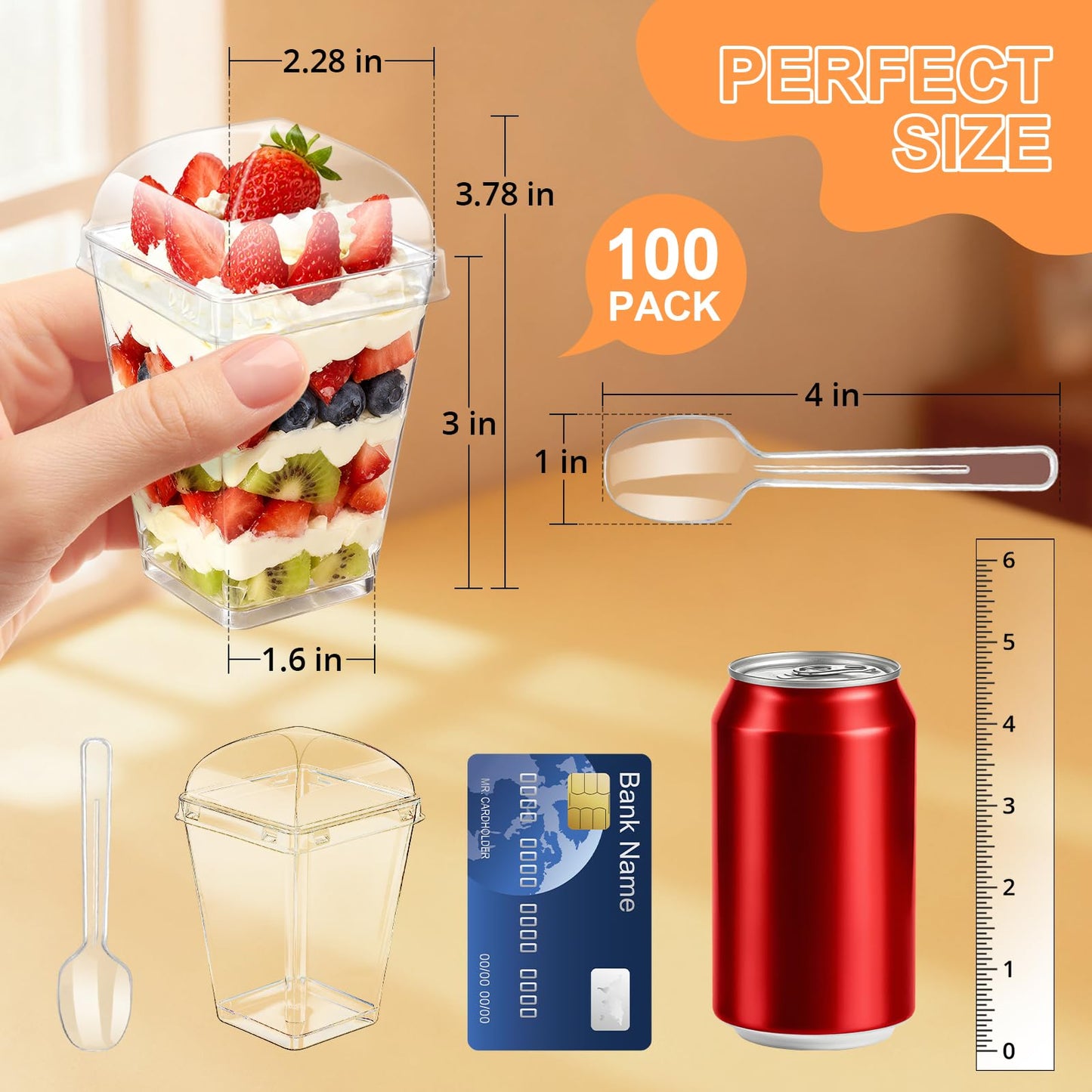 100 Pack 5oz Plastic Dessert Cups with Lids and Spoons, Mini Clear Yogurt Parfait Cups, Small Dessert Shooter Serving Cups, Square Appetizer Cups for Fruit Pudding Ice Cream Tasting Party Supplies