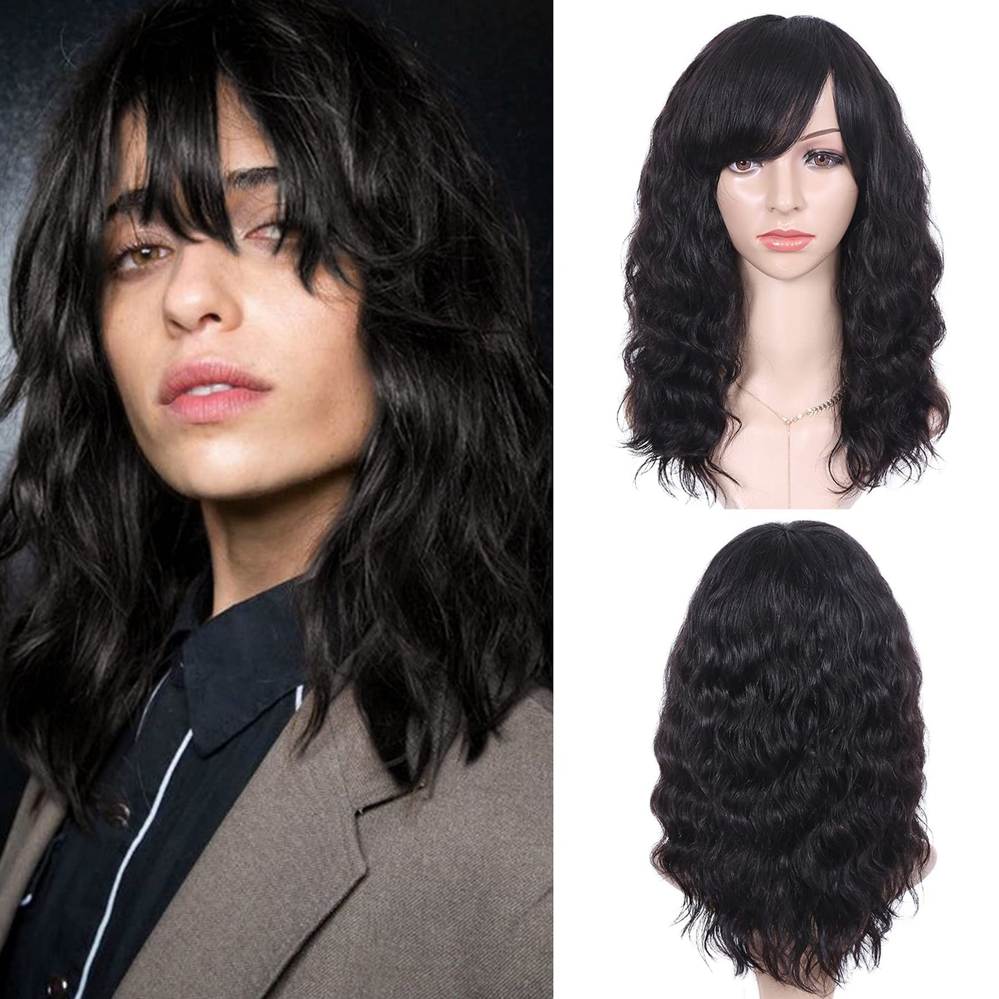 WIGNEE 100% Virgin Human Hair Natural Wave Wigs with Bangs Brazilian Human Hair Wave Wigs For Black Women Natural Black Color (14 Inch)