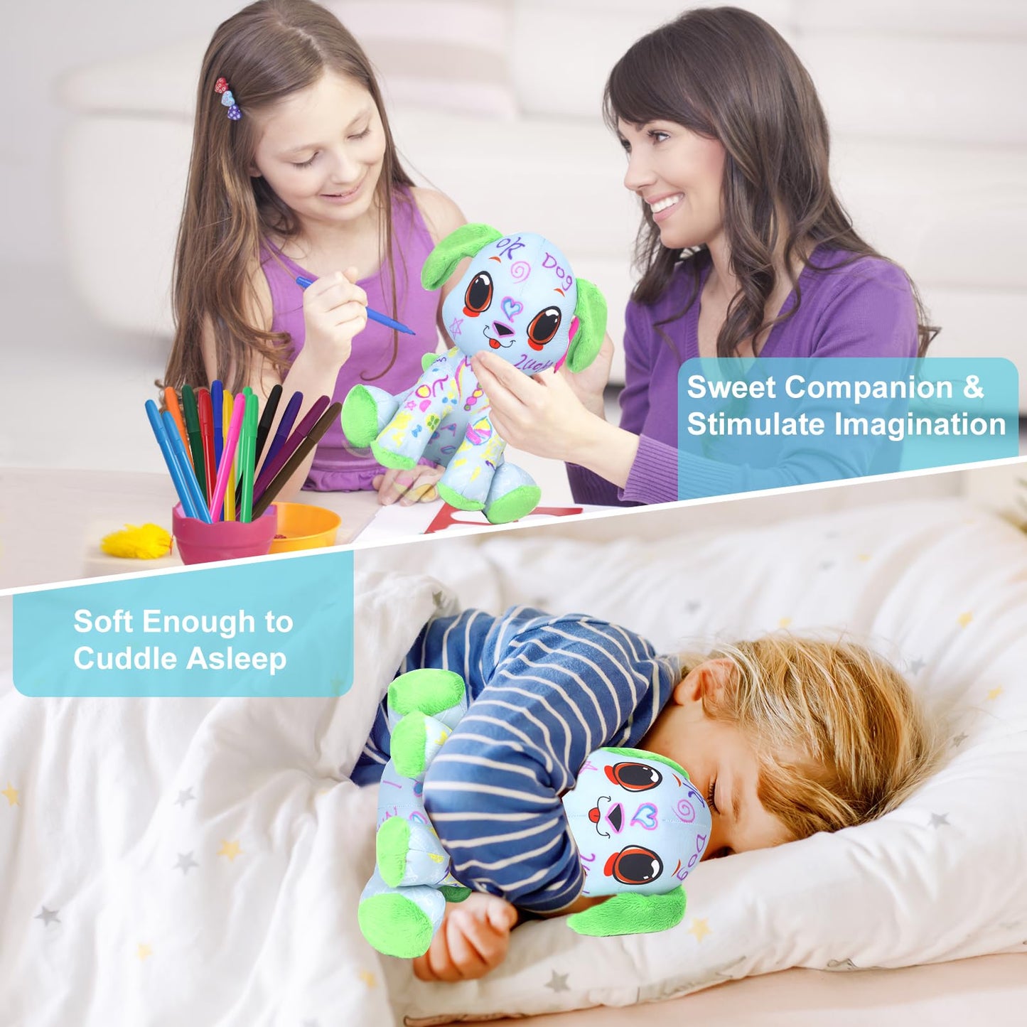 DIY Coloring Plush Toy with Washable Markers, Scribble Pets Stuffed Animal, Doodle Dolls Art Toy for Boys and Girls Ages 3-8, Birthday Gift (Green Puppy)