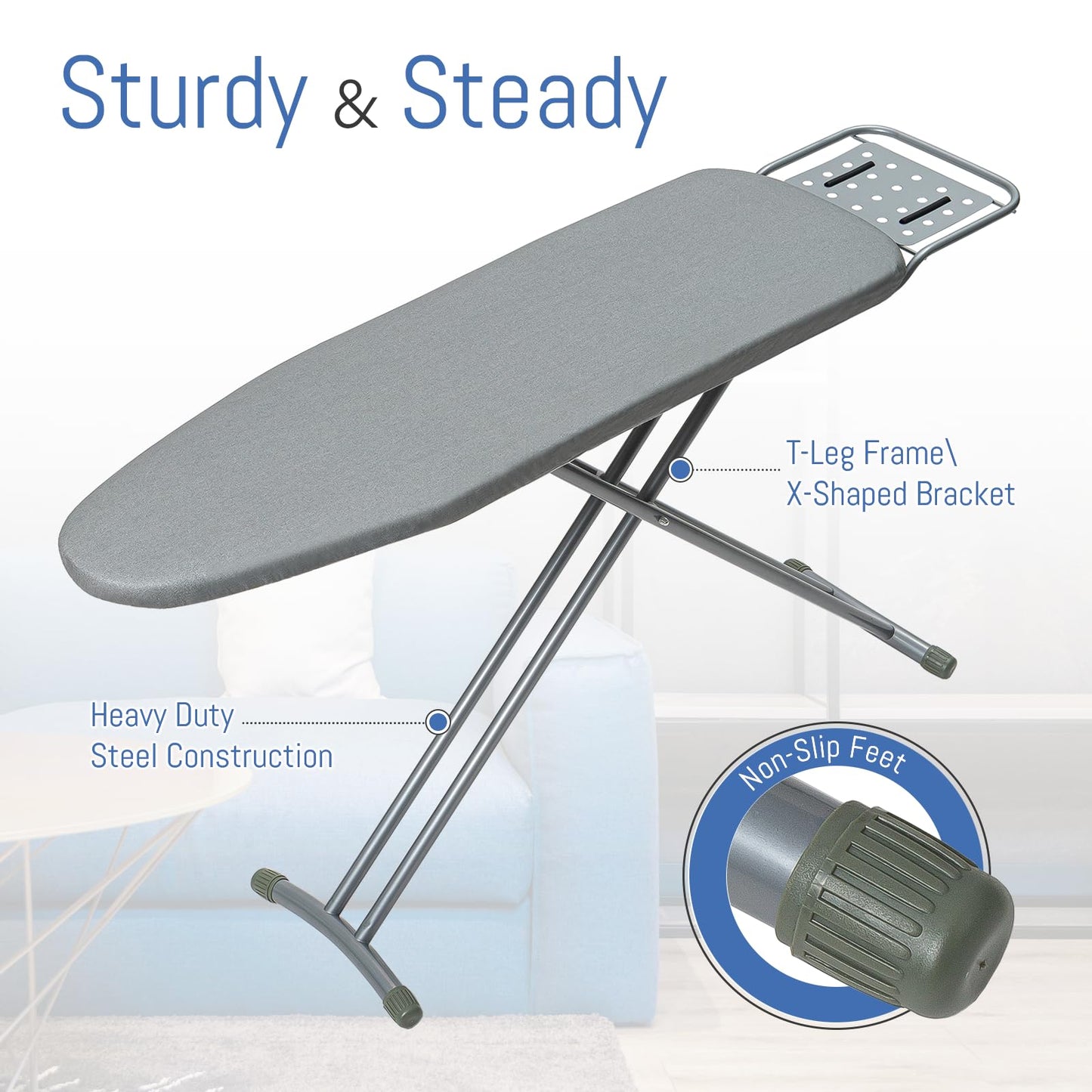 Ironing Board Full Size, BlissBoard 43"x13" Sturdy Heavy Duty Iron Board with Iron Rest, Heat Resistant Cover with Ultra Thick Padding, Height Adjustable, Silver
