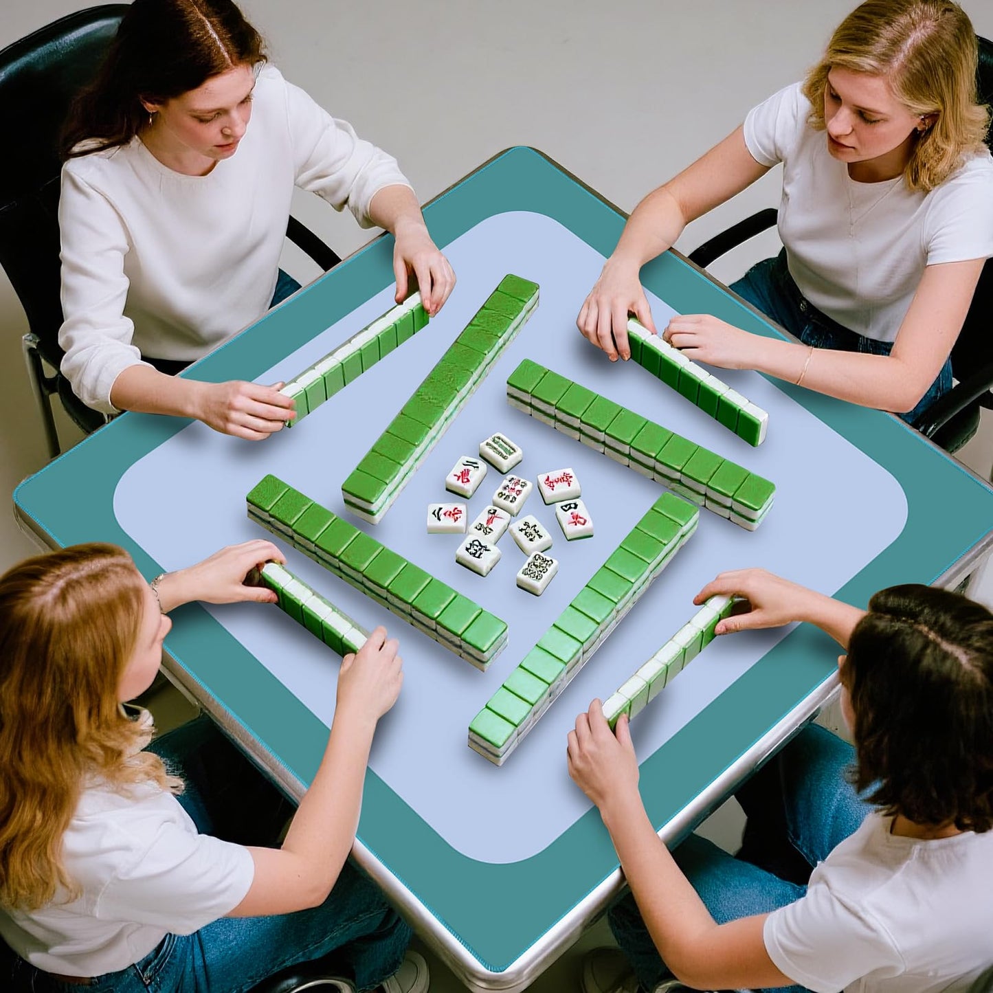 32.5 Inch Mahjong Mat for Table, 3MM Non-Slip & Noise Reduction Gaming Mat with Drawstring Bag, Perfect for Poker, Board Games, Card Games, Tile Games, and Dominoes (Dark Cyan-Pale Blue)