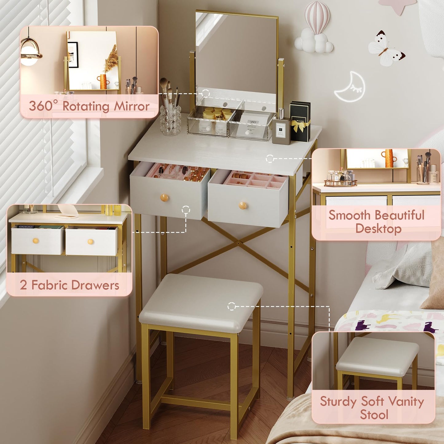 X-cosrack Small Makeup Vanity Desk with Mirror & Chair, Mini Vanity Desk Table Set with Fabric Storage Drawer, 19.7" Compact Vanity Desk for Girls, Dressing Table with Chair for Bedroom, White Golden