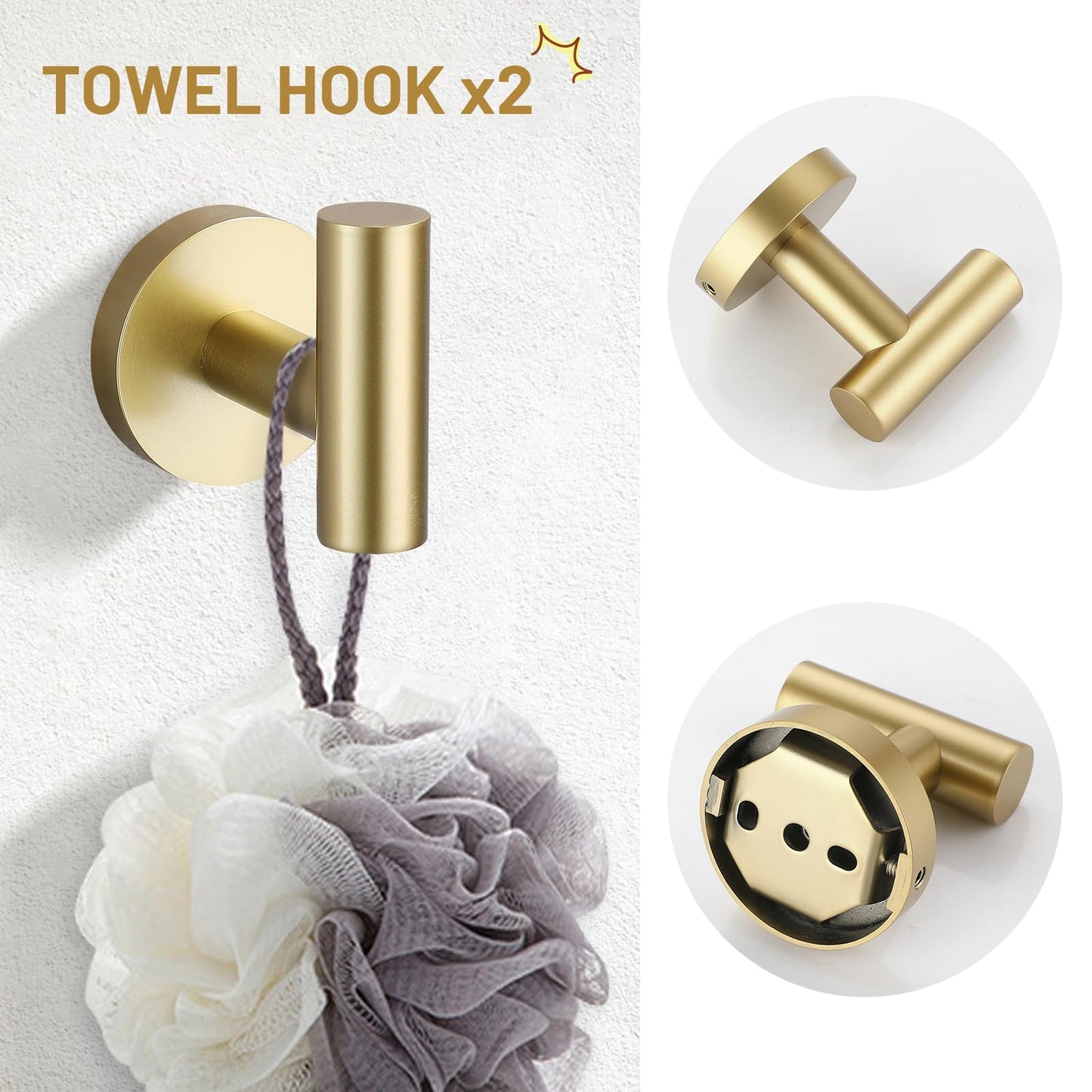 TURS Brushed Gold 5 Piece Bathroom Hardware Set, SUS304 Stainless Steel Bath Towel Bar Set, 23.6 Inch Round Bathroom Accessories Kit Wall Mounted