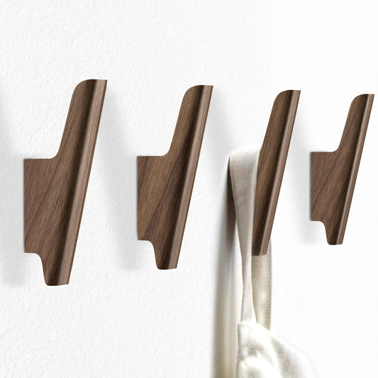 FCOWK Wood Wall Hooks 4 Pack Coat Hooks Wall Mount Walnut Wooden Hooks for Hanging Hat, Bag, Backpack, Rustic Coat Hooks for Wall, Wood Towel Hooks for Bathrooms and Entryway Hooks (Walnut, Light)