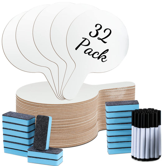 32 Pack Dry Erase Paddles White Answer Board Bulk Double Sided Board Plastic Handheld Paddle Set with Whiteboard Pens and Whiteboard Erasers for Students Classroom Voting Bidding Answering (Round)