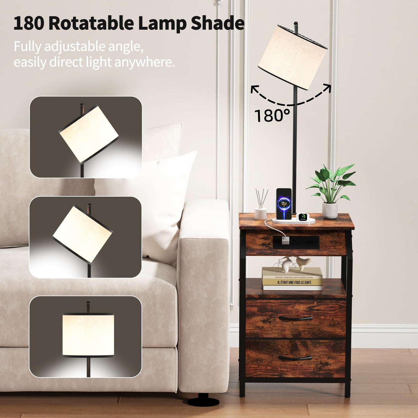 ZHNSYDN End Table with Floor Lamp, Nightstand with Charging Station, Floor Lamp Table with 3-Color Temperature Bulb, Bedside Table Night Stand with 2 Drawers for Bedroom, Living Room, Brown