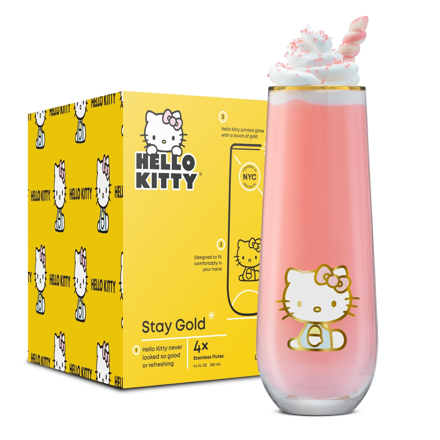 JoyJolt Hello Kitty Stay Gold Stemless Flutes, 9.4oz Drinking Glasses Set of 4, Sanrio Highball Glasses, Kawaii Hello Kitty Kitchen Glass Set Ideal for Water Juice Smoothies, Skinny Tall Glasses
