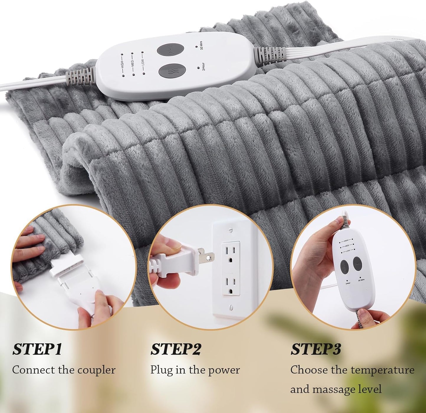 Massaging Weighted Heating Pads for Back Pain Relief and Cramps, 33''*18'' Ribs Fannel Electric Heating Pad with Massage Vibrations, 6 Settings- 3 Heat, 3 Massage- 9 Relaxing Combinations