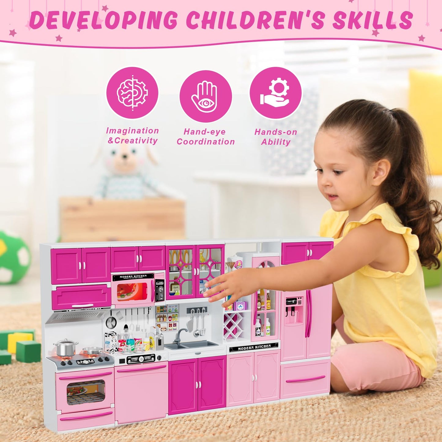 Wee Wonders 57 PCS Kitchen Playset for Girls, 5-in-1 Toddler Mini Kitchen with Realistic Lights & Sounds, Doll Kitchen House Toy, Mini Furniture Pretend Play Toys for Kids Age 3+, Pink
