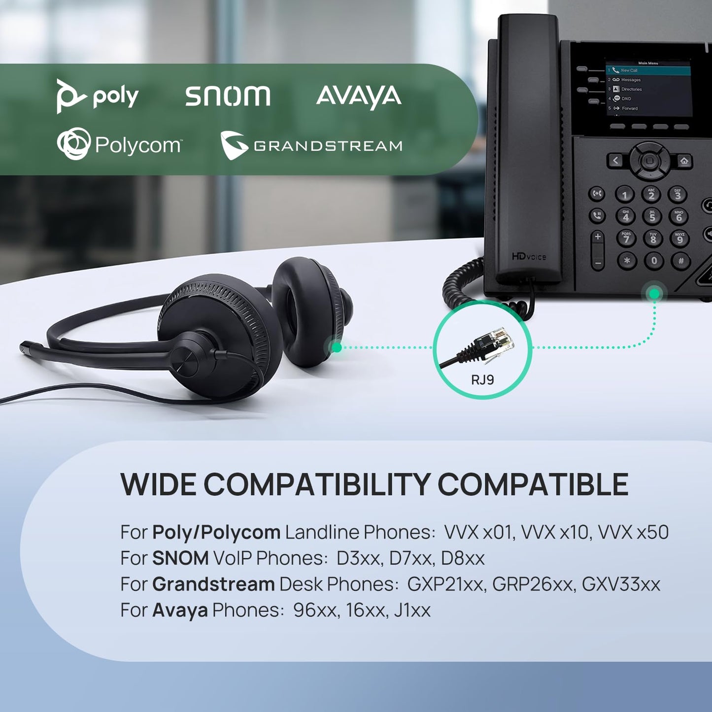Yealink Phone Headsets for Office Phones YHS34 QD to RJ9 Wired Headset Compatible with Poly Snom Phones Desk Landline Headset with Microphone -Dual/129g/2.1m Cable