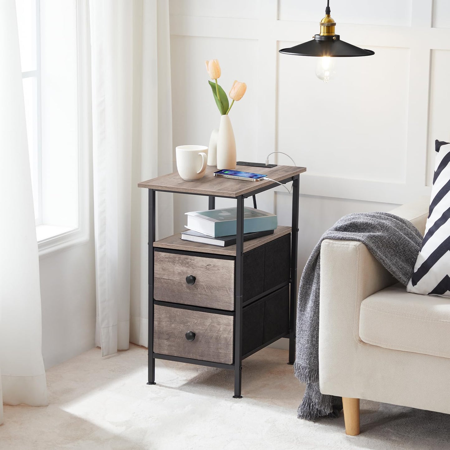 HOOBRO End Table with Charging Station, Narrow Side Table, Nightstand with 2 Non-Woven Drawers, Slim Sofa Side Table, for Small Spaces, Living Room, Bedroom, Greige and Black BG486UBZ01