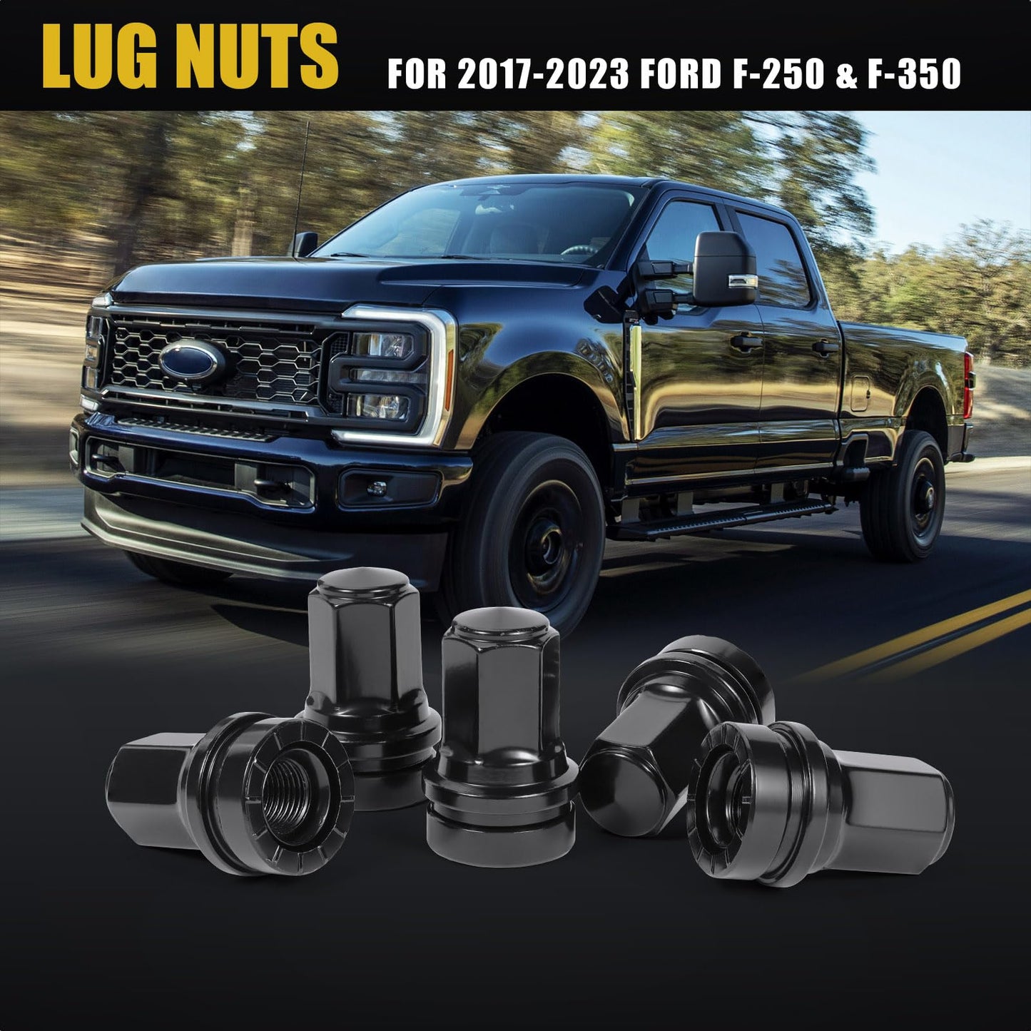 32 Pcs M14x1.5 One-Piece Design Chrome Lug Nuts for 2017-2025 Ford F250 F350 Super Duty HCPZ-1012-B HCPZ-1012-A (Black)