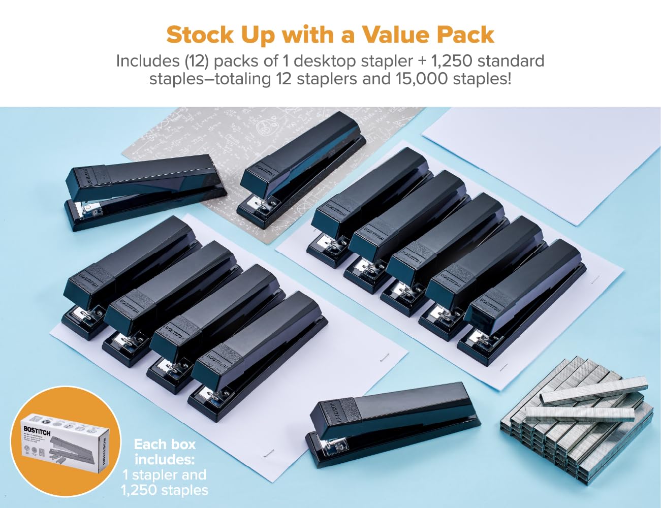 Bostitch Office Stapler, No-Jam Premium for Desktop, Includes 1,250 Staples, Full-Strip, 25 Sheet Capacity, Black, Pack of 12