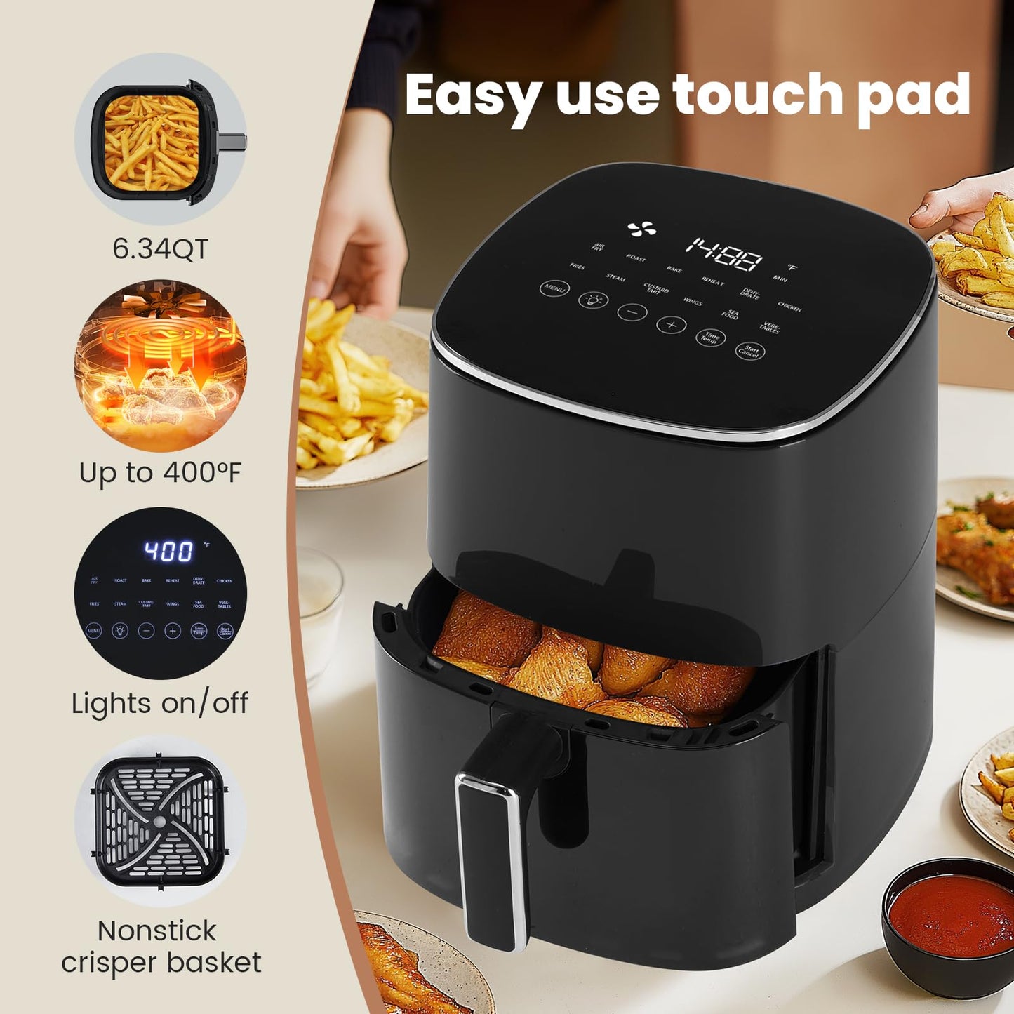 KMFurnila Air Fryer, 6QT Square Airfryer with Visual Window, 400°F Fast Heating Air Fryers Oven with Timer, Auto-Off, Non Toxic & Non Stick, Multiple 12 Modes for Roast, Bake, Dehydrate, Fry, Reheat