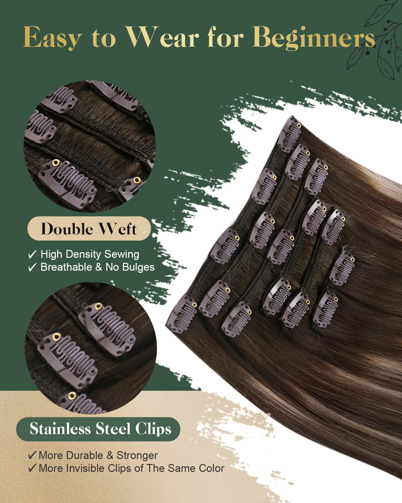 Ugeat Hair Clip in Human Hair Extensions 18 inch Clip in Remy Hair Extensions Human Hair Dark Brown Ombre Ash Brown Human Hair Clip in Extensions Brown 7pcs 120g