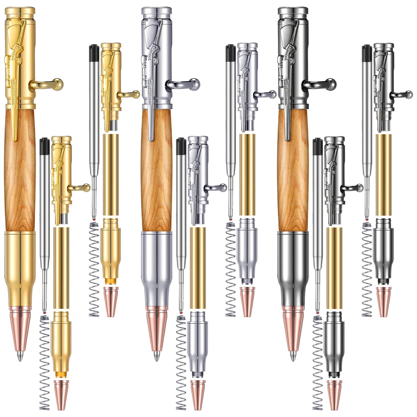 Gisafai 6 Pcs Bolt Action Pen Kits for Woodturning Bolt Bullet Pens for Men Gift Woodturning Ballpoint Kit Turning with Mandrel Slimline Turning Supplies DIY Gift for Men(Silver, Gold, Black)