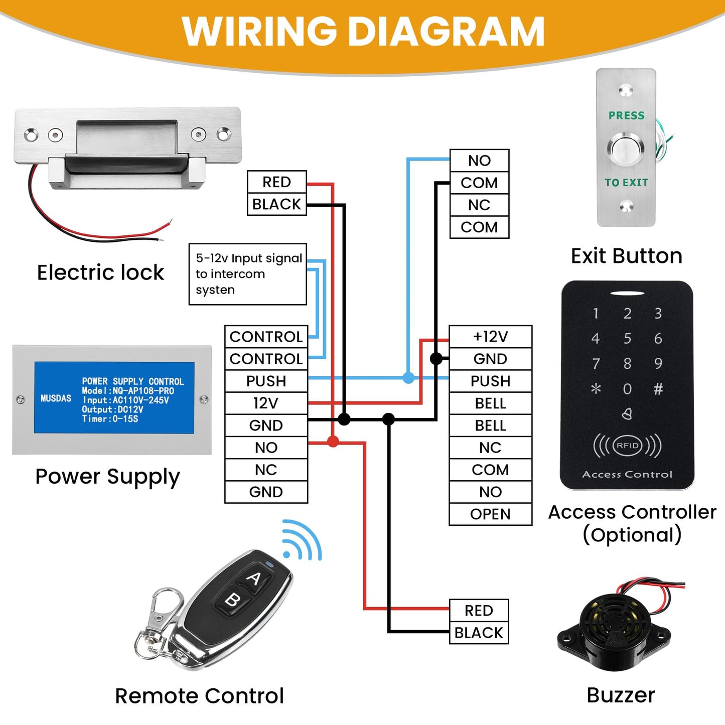 Access Control Electric Strike Door Lock Fail-Secure/Fail-Safe Kit System, Door Buzzer Entry System, with Remote Control, Button, Buzzer, Power Adapter