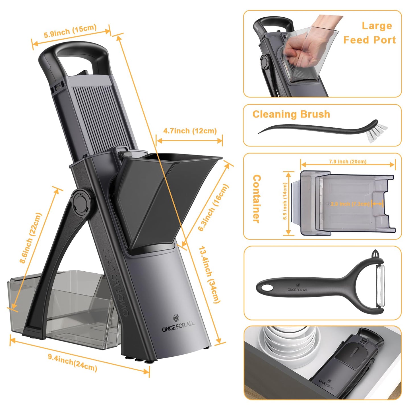 ONCE FOR ALL Safe Mandoline Slicer For Kitchen, Biger Size, Adjustable Vegetable Chopper Food Slicer Potato French Fry Cutter with Peeler, Detachable, Kitchen Chopping Artifact (Black)