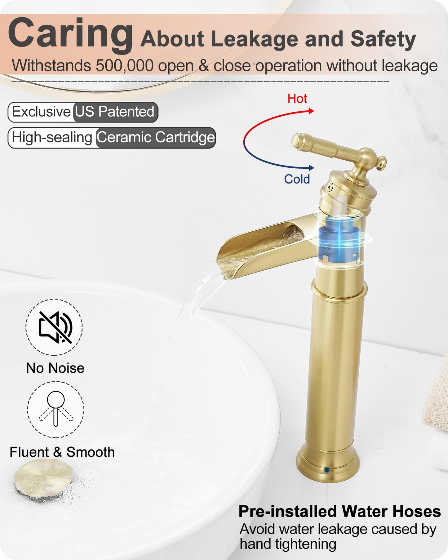 HOIGY Gold Vessel Sink Faucet, Brass Waterfall Tall Faucet for Bathroom Sink 1 Hole with Single Handle, Pop-up Drain & cUPC Water Hoses for Antique Bowl Basin Save Water