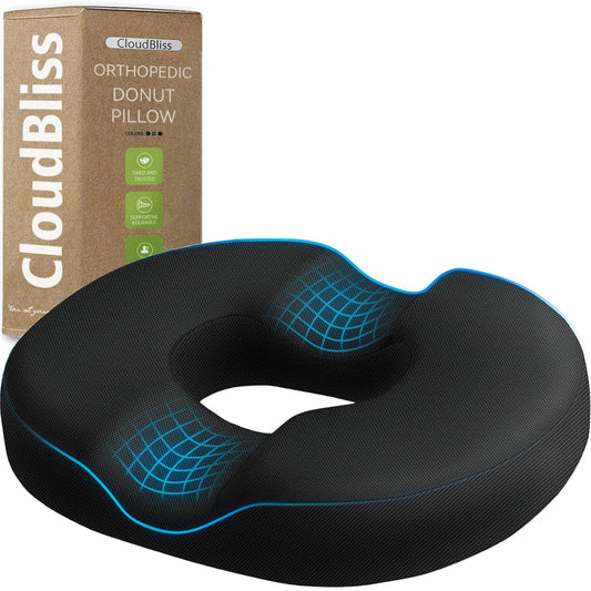 CloudBliss Donut Pillow Seat Cushion for Tailbone Pain Relief and Hemorrhoids, Memory Foam Chair Cushion, Seat Cushions for Men and Women for Home & Office, (Black-XL)