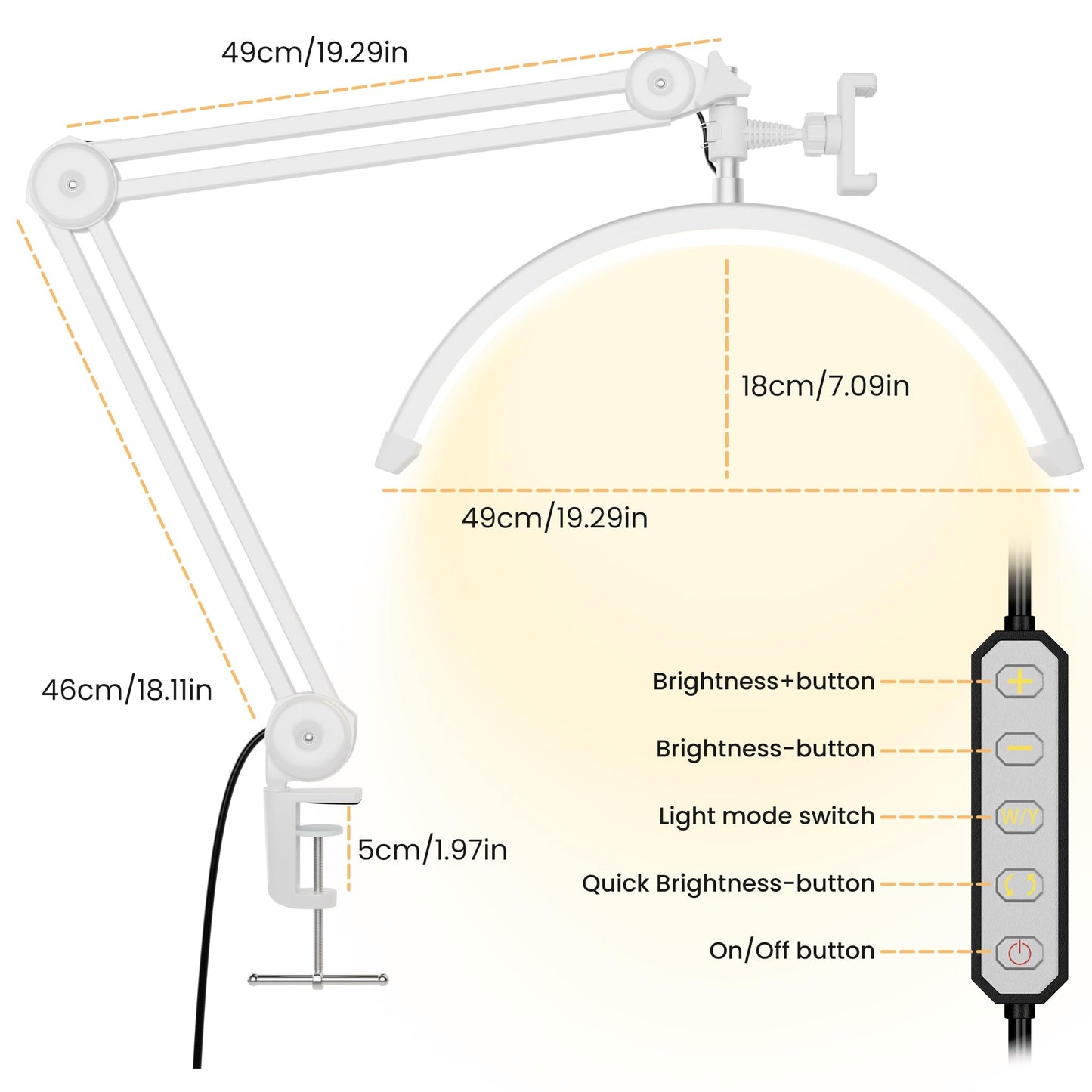 gelpal 3000 Lm Adjustable LED Half Moon Light with Clamp & Task Lamp - Bright, Dimmable Lighting for Office, Crafts, Nails &Salon, Remote Control (CCT，White)