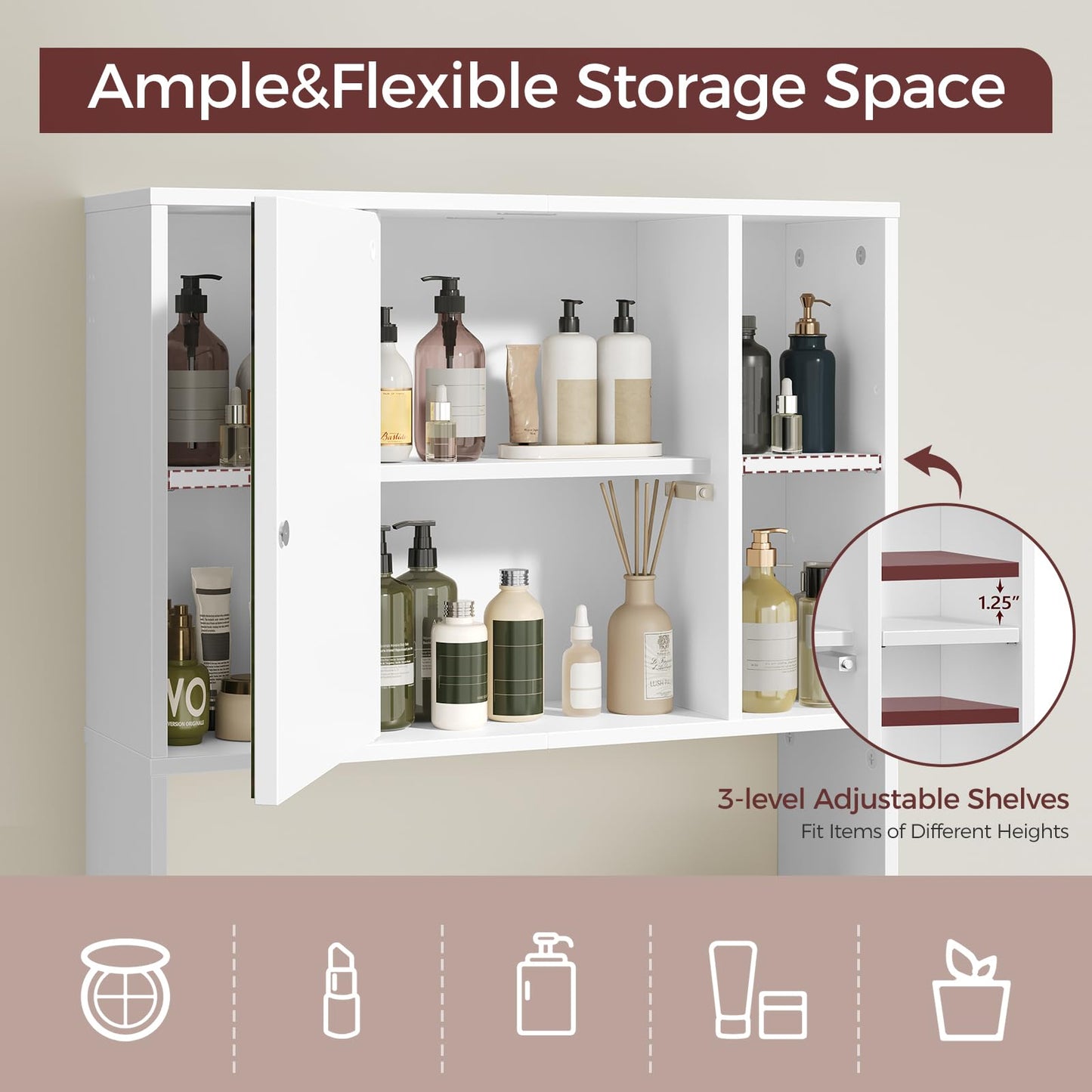 MAHANCRIS Bathroom Wall Cabinet with Mirror, Wall Mounted Medicine Cabinet with Color Adjustment LED Lights, Mirrored Over The Toilet Storage Cabinet with Adjustable Shelves, 23.6''W x 21.6''H, White