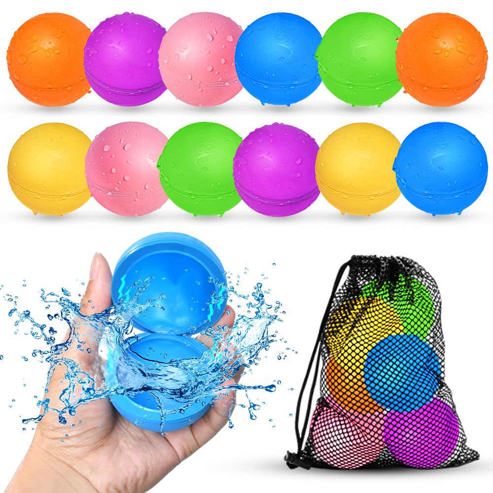 12Pcs Reusable Water Balloons, Pool Beach Water Toys for Boys and Girls, Outdoor Summer Toys for Kids Ages 3-12, Magnetic Water Ball for Outdoor Activities