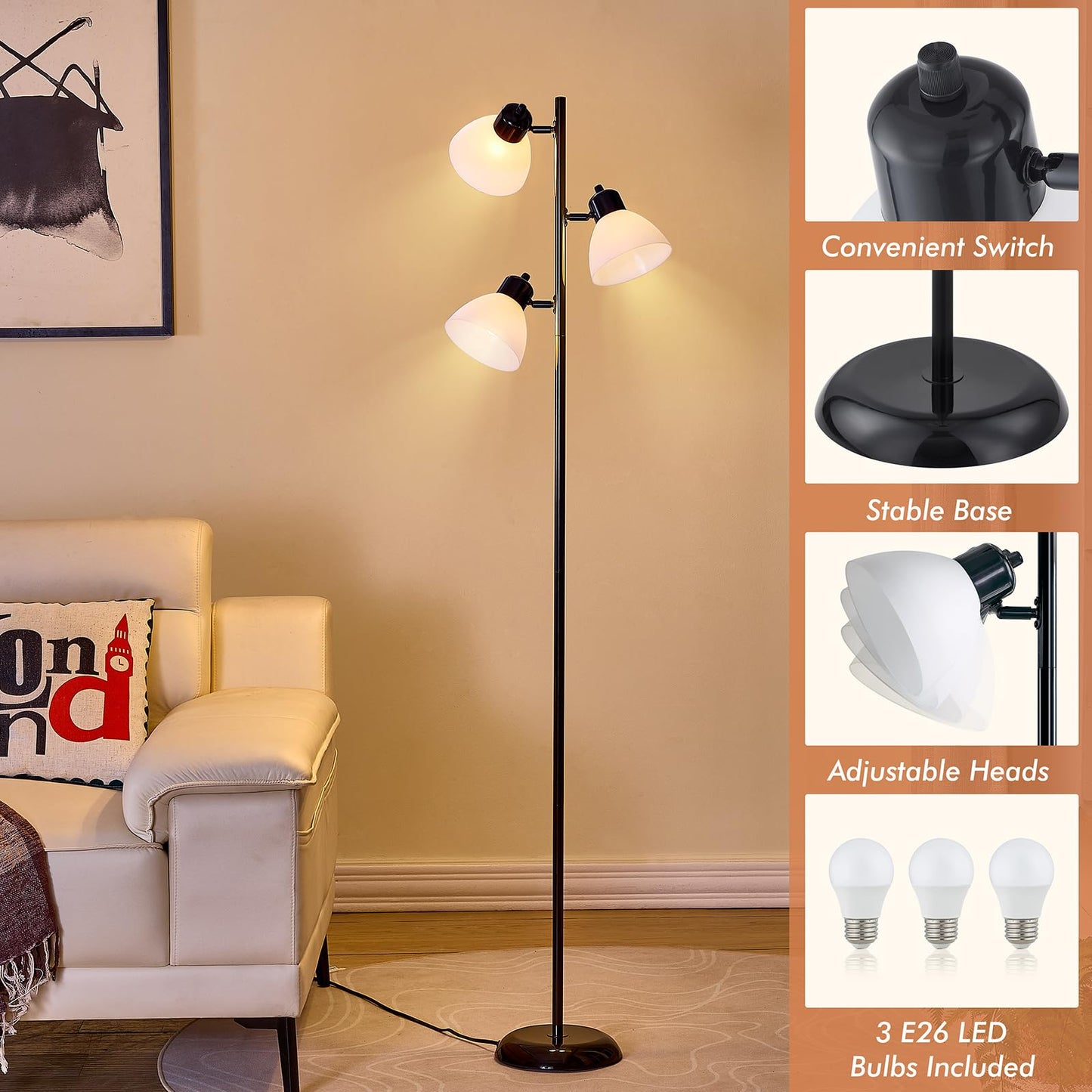 LTGSRC Modern Tree Floor Lamp for Living Room Bedroom, Tall Pole Standing Lamps with 3 Adjustable Rotating Heads for Office, Decor Corner, Reading Indoor, 3 Bright Lights LED Bulbs Included (Black)