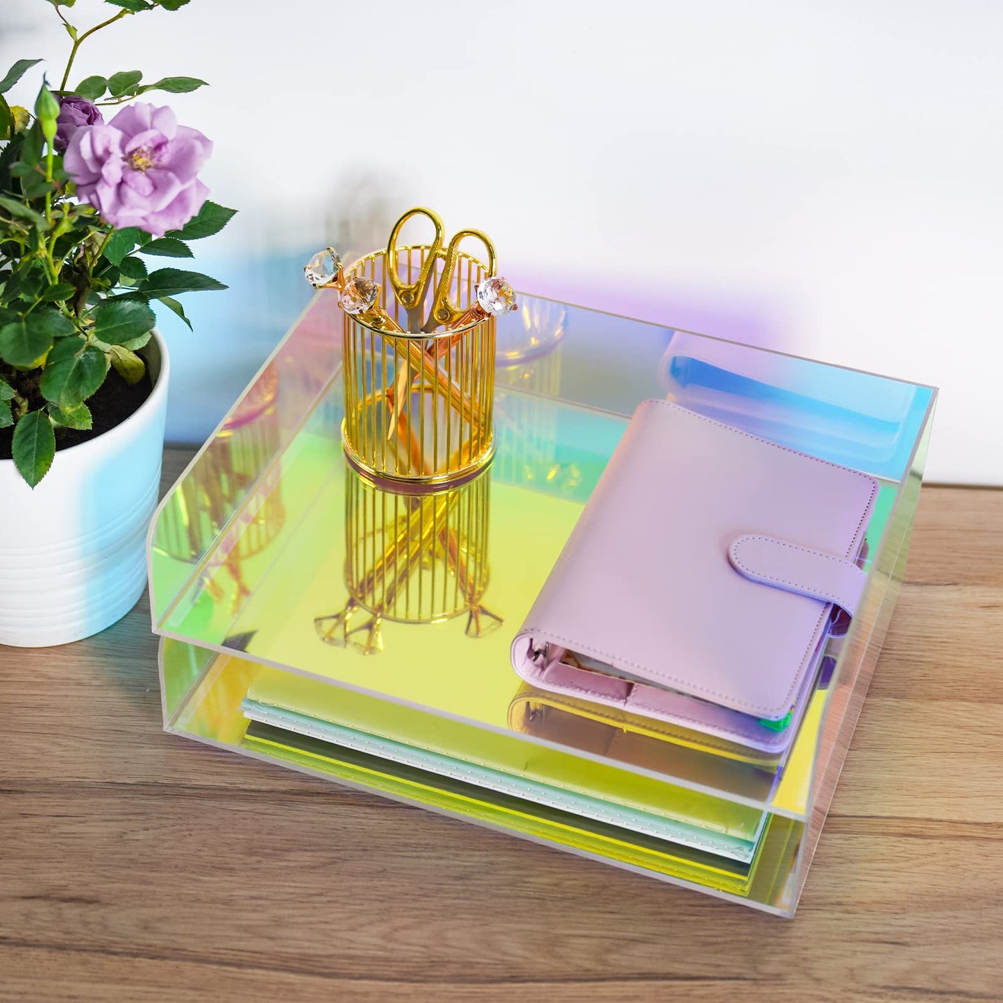 NiOffice Acrylic Letter Tray 2-Tier Iridescent Stackable Desk Paper Tray Organizer and Office Accessories Supplies, Rainbow Letter Size Desk Accessories Storage Organization (Portrait)