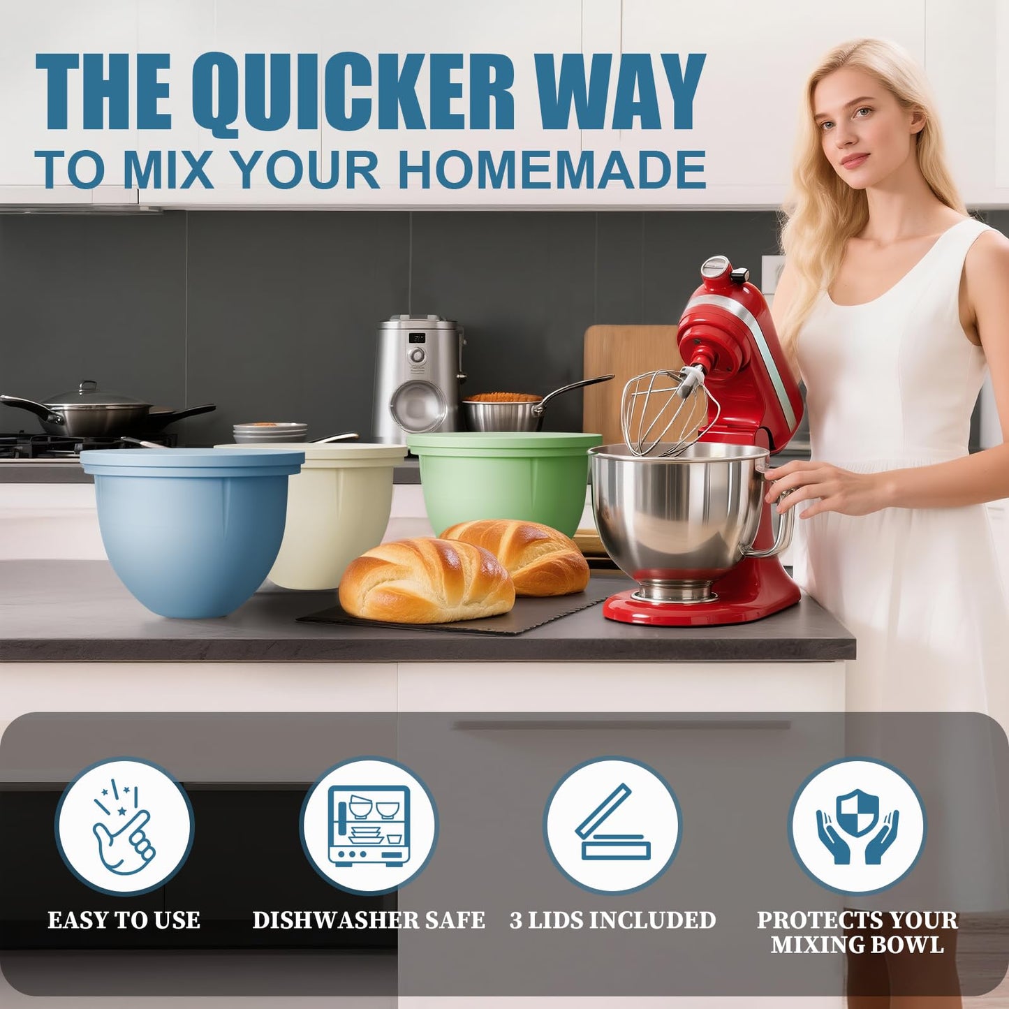 GuanQiao Silicone Bowl Liners for 5 Qt KitchenAid Mixers, 3 Liners with Lids, Blue/Beige/Green