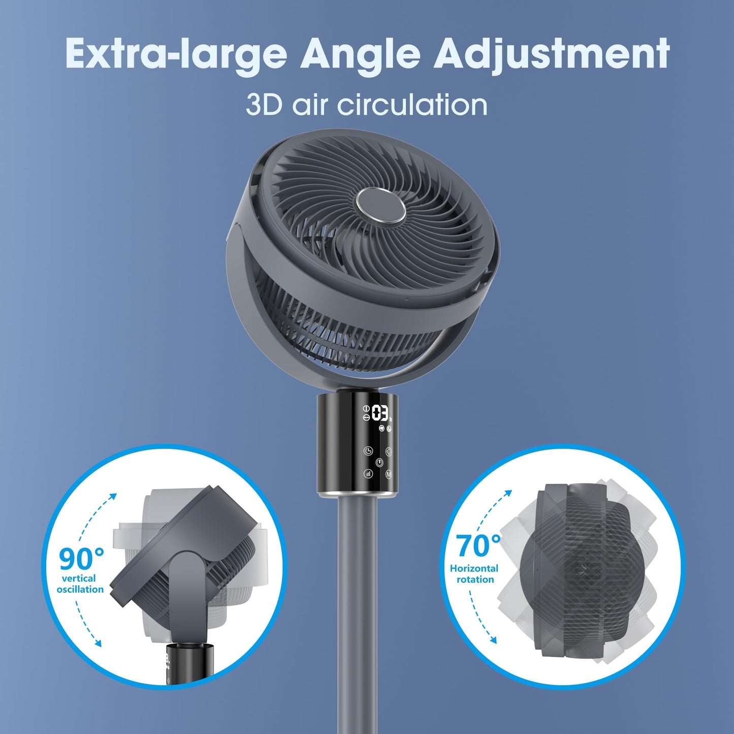 100ft CirculAir Oscillating Standing Fan for Bedroom, Quiet Pedestal Floor Fan with 17"-37.8" Adjustable Height, AC Motor, Ultra Quiet 36-50dB, Touch & Remote Control, 3 Speeds, 12H Timer