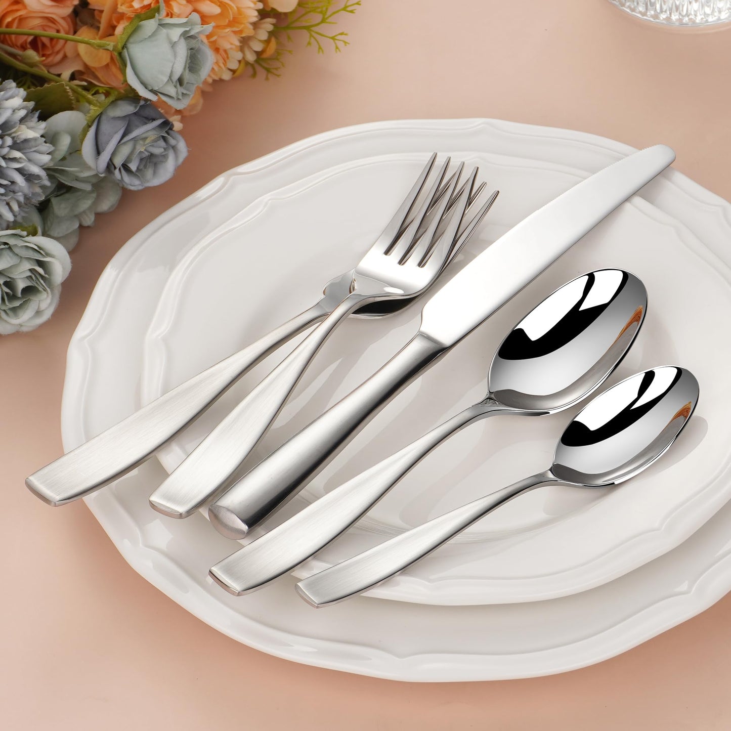 65-Piece 18/10 Stainless Steel Flatware Set for 12, Heavy Duty Silverware Set, Flatware Set with Serving Utensil, High End Mirror Polish and Satin Handle, Dishwasher Safe, Ideal for Gift