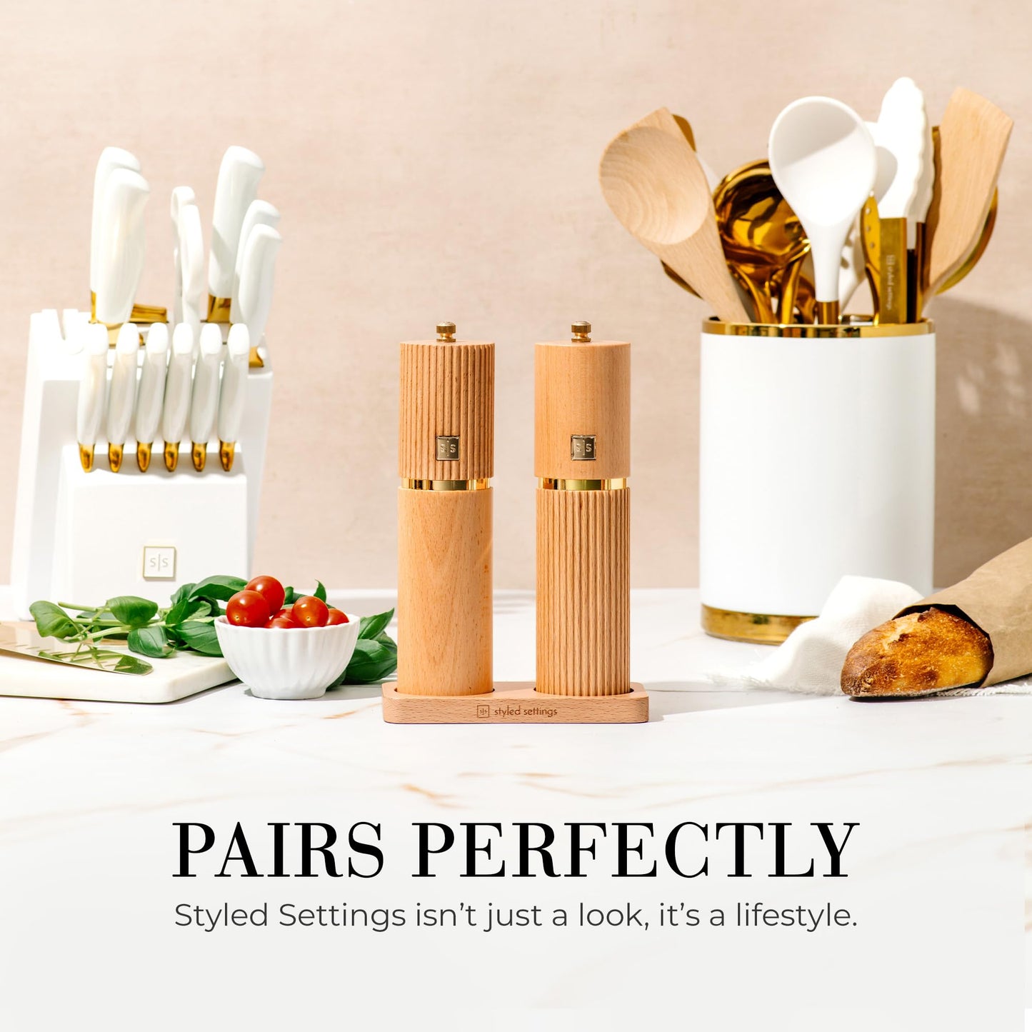 Styled Settings Wooden Salt and Pepper Grinder Set with Gold Accents – Refillable Wooden Manual Salt and Pepper Mill Set with Adjustable Ceramic Mills & Matching Wood Stand - Ideal for Gifting