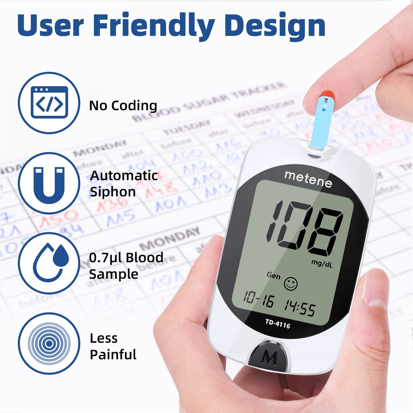 Metene TD-4116 Blood Glucose Test Strips, 300 Count Test Strips for Diabetes, Use with metene TD-4116 and metene S Blood Glucose Monitor Only(No Monitor)