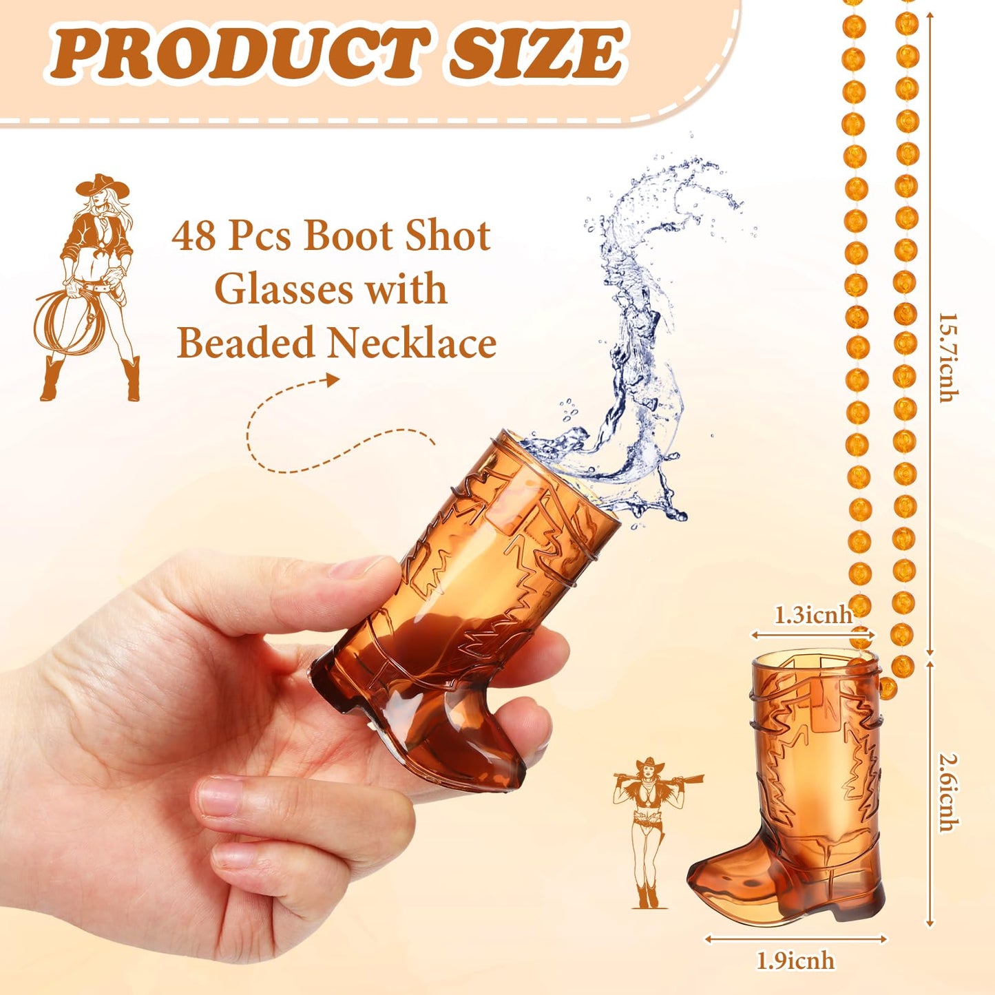 Sieral 48 Pcs Boot Shot Glasses on Beaded Necklace Plastic Cowgirl Shot Glass Cup Necklace Bride and Groom Supply for Bachelorette Carnival Party Birthday Wedding Supply (Transparent Brown)