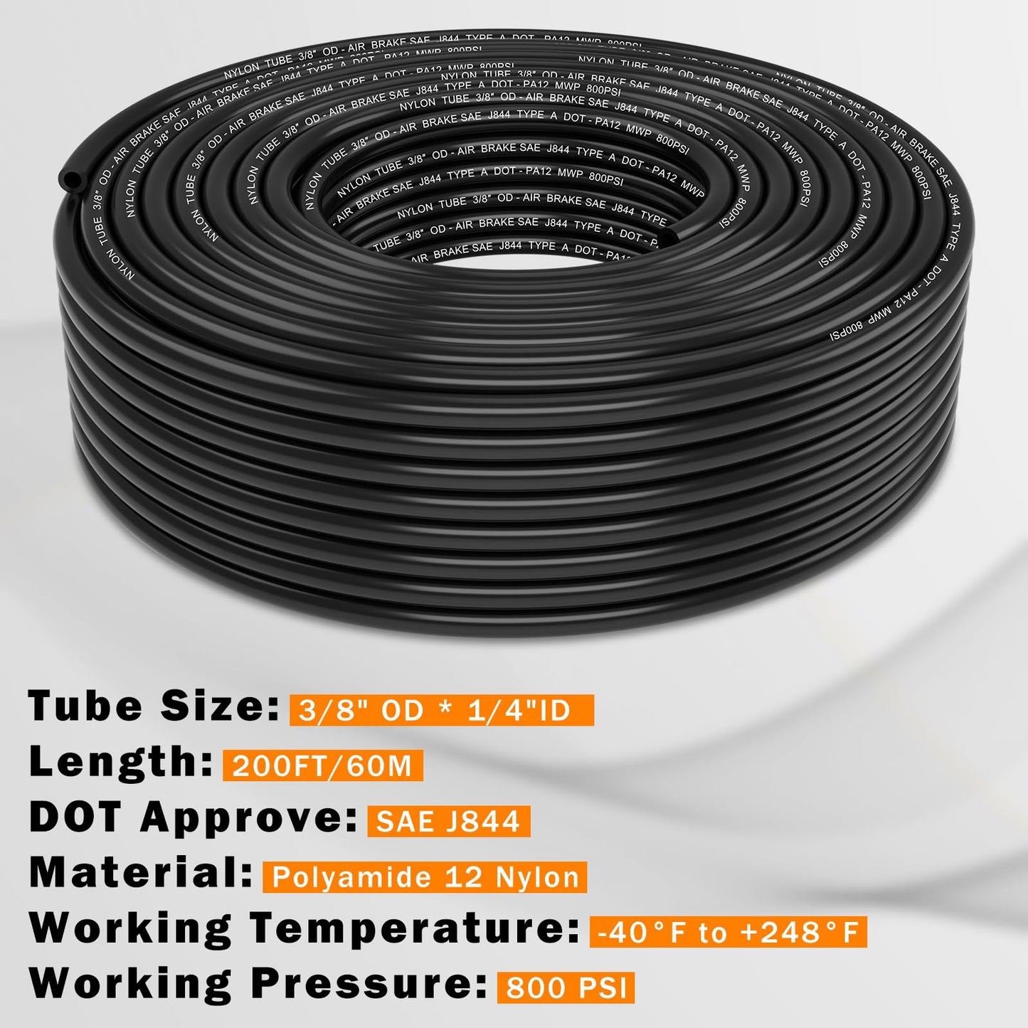 CheeMuii 200 FT 3/8 Pneumatic Tubing 3/8" DOT Air Line SAE J844 PA12 Nylon DOT Air Hose 61 Meter 3/8 Inch OD Pneumatic Air Tubing Pipe Hose Line
