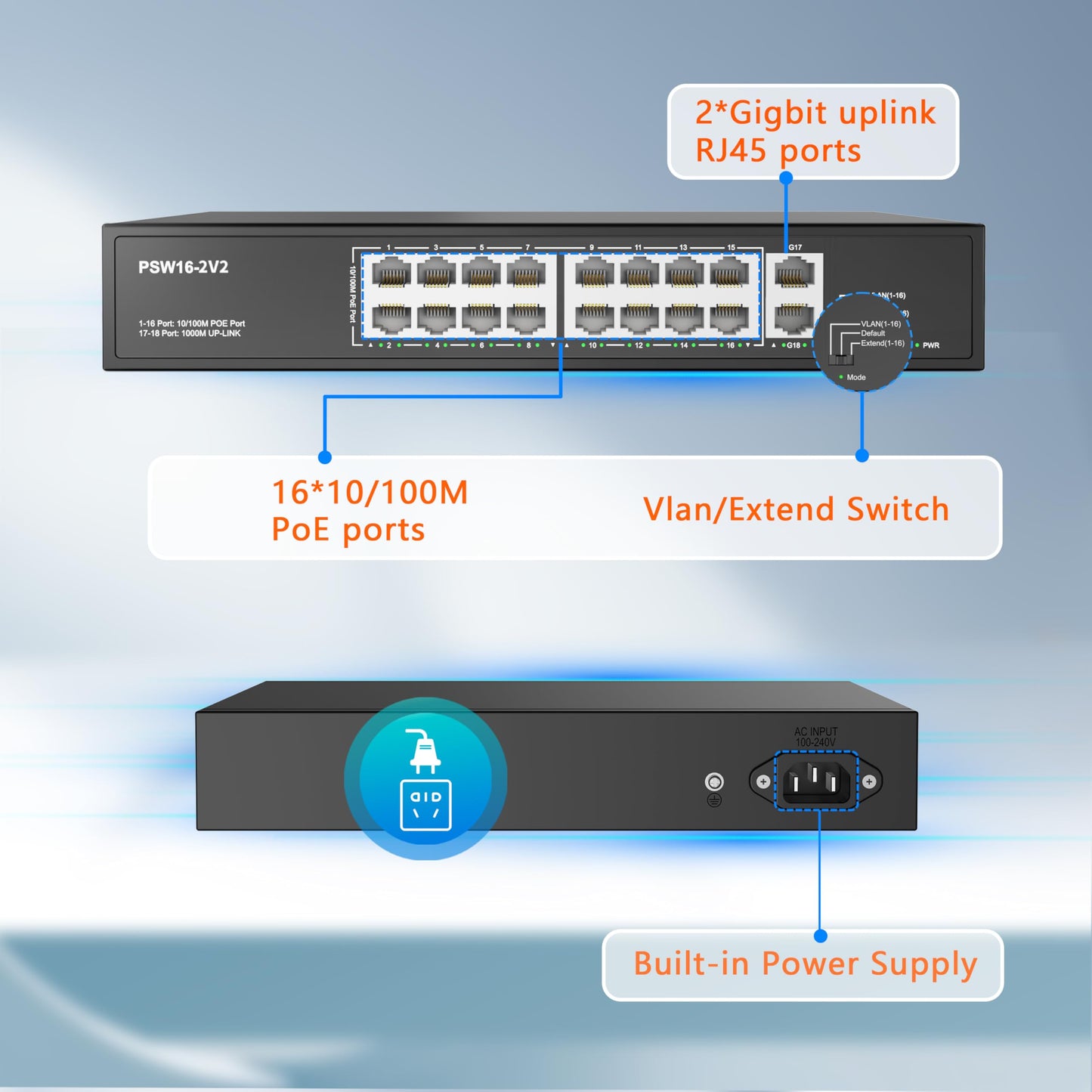 Real HD 16 Port PoE Switch, High Power 300W, 16 PoE+ 100Mbps Ports with 2 Gigabit Uplink Ethernet Ports, Unmanaged Plug and Play, Each Port Up to 30W, 802.3af/at Compliant, Rack Mount