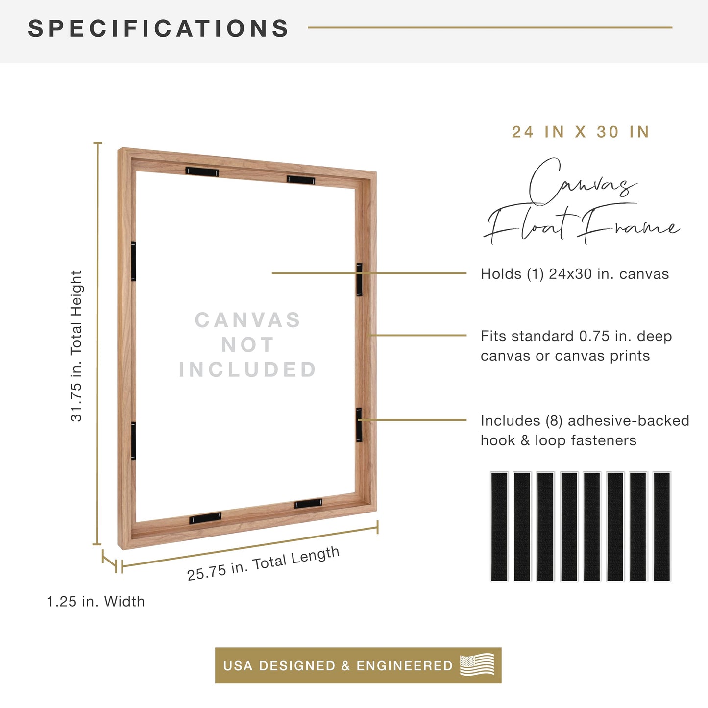 MCS Canvas Float Frames 24x30 Frame, Walnut Wood Grain for Finished Canvases, Vertical & Horizontal Wall Hanging Large with Adhesive for Canvas Paintings (1-Pack)