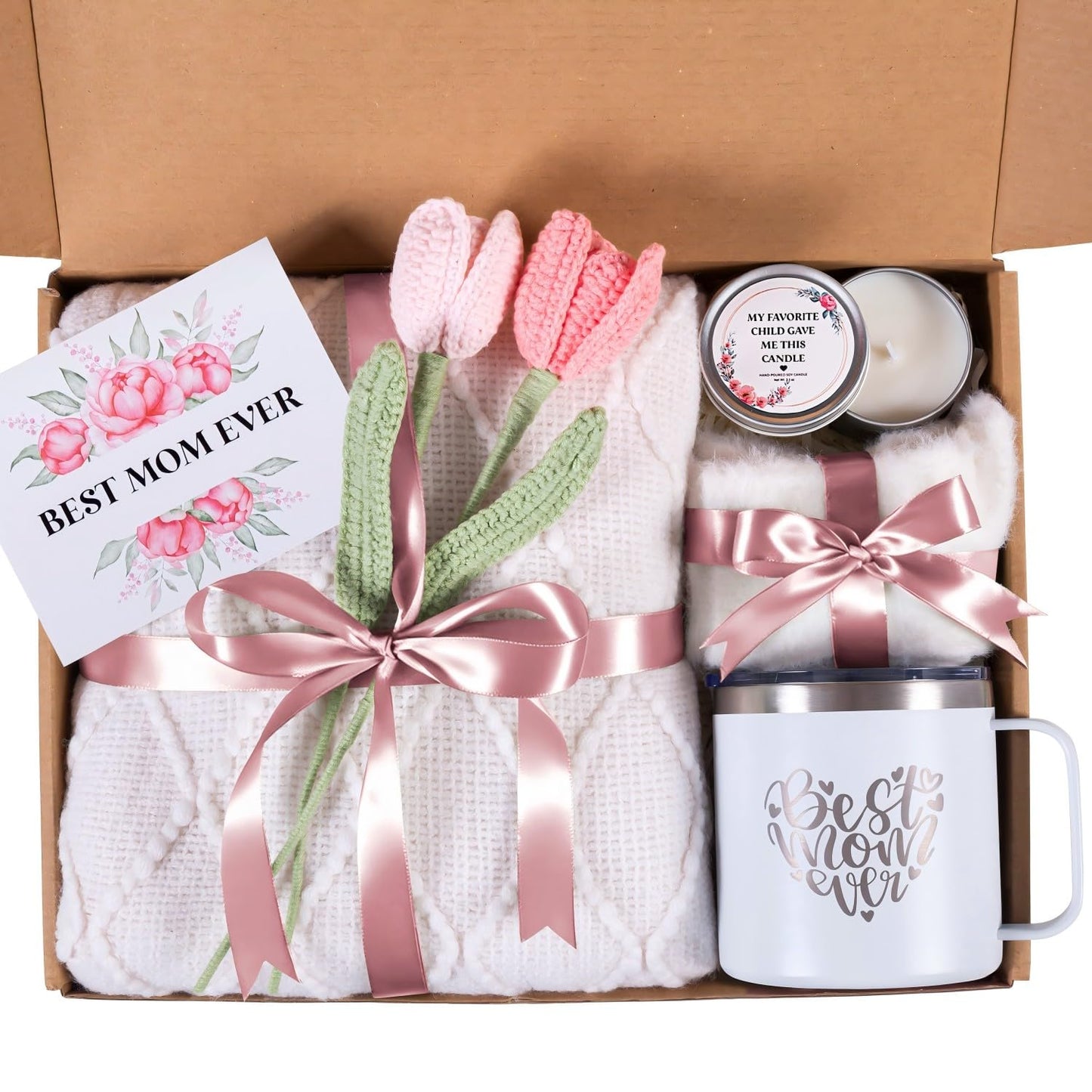 Mothers Day Gifts for Mom from Daughter Son Child, Mother Day Gift Basket for Stepmom, Mother-in-Law, Best Mom Ever Gift Box Set with Blanket Coffee Mug Socks Crochet Tulips Flower