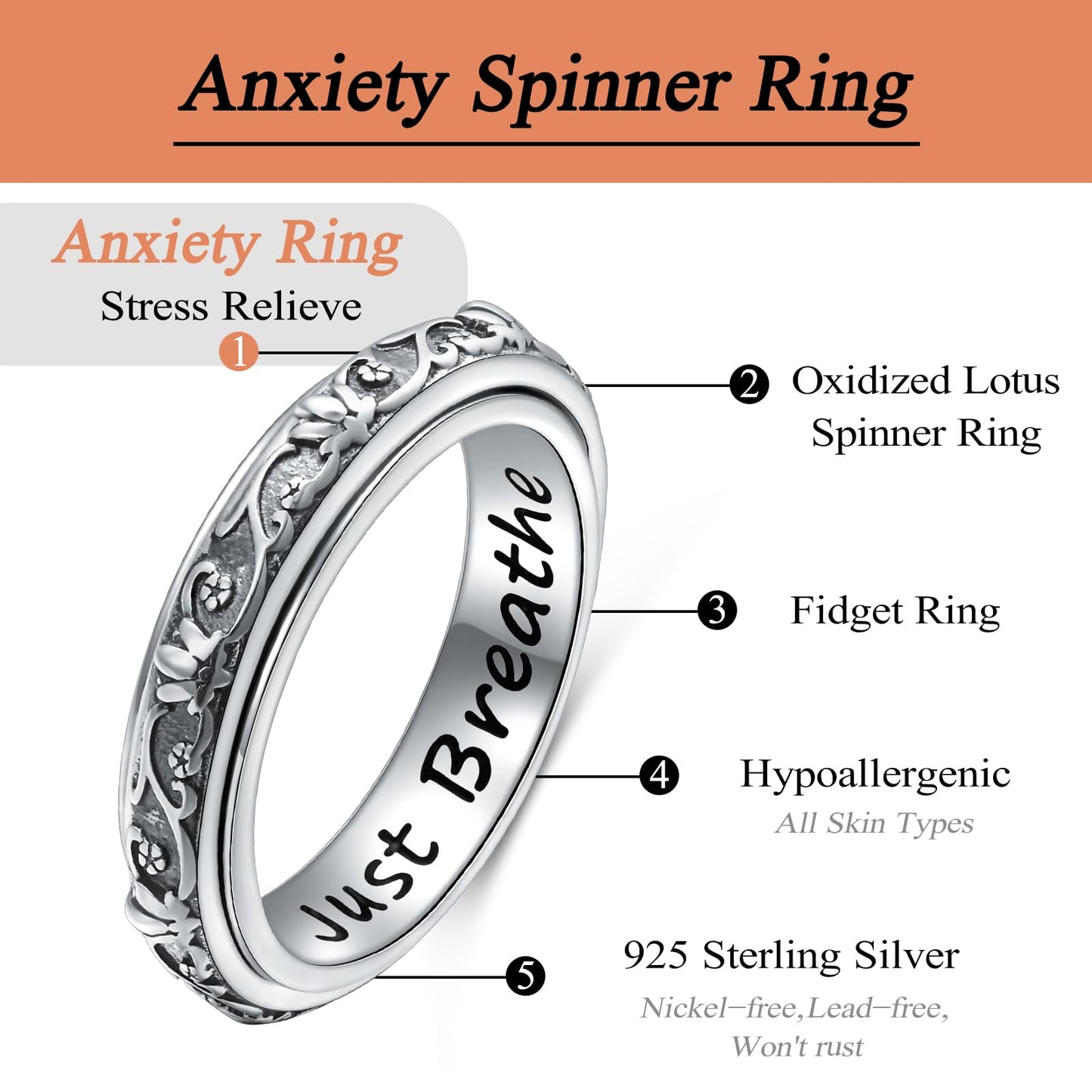 Ladytree Spinner Fidget Ring S925 Sterling Silver Lotus Flower Yoga Just Breathe Anxiety Worry Band Oxidized Stress Relieving Boredom ADHD Autism Rings for Women Men,Size 8